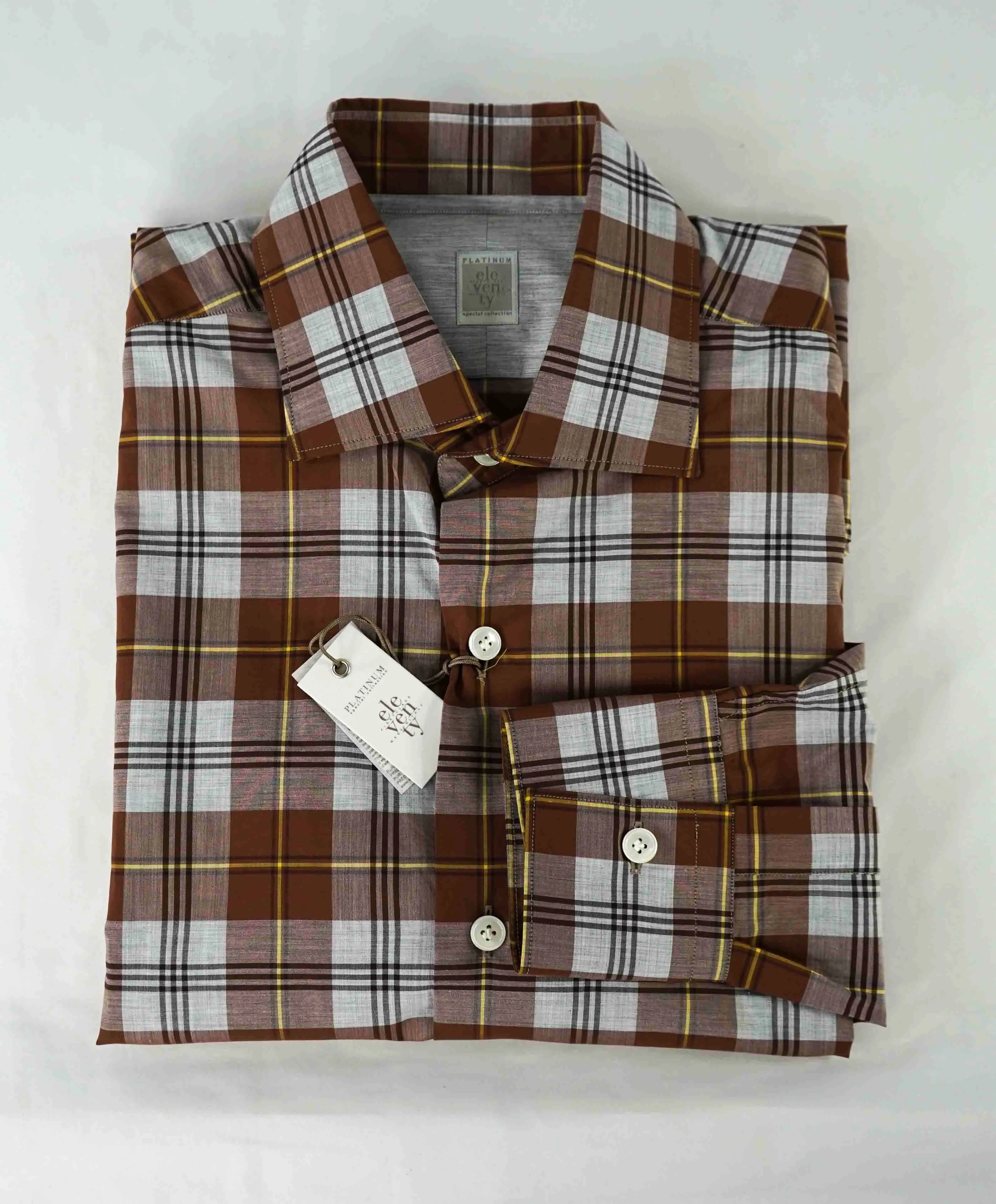 $395 ELEVENTY - Brown Check Plaid *Wide Spread Collar* Button Down Shirt - M