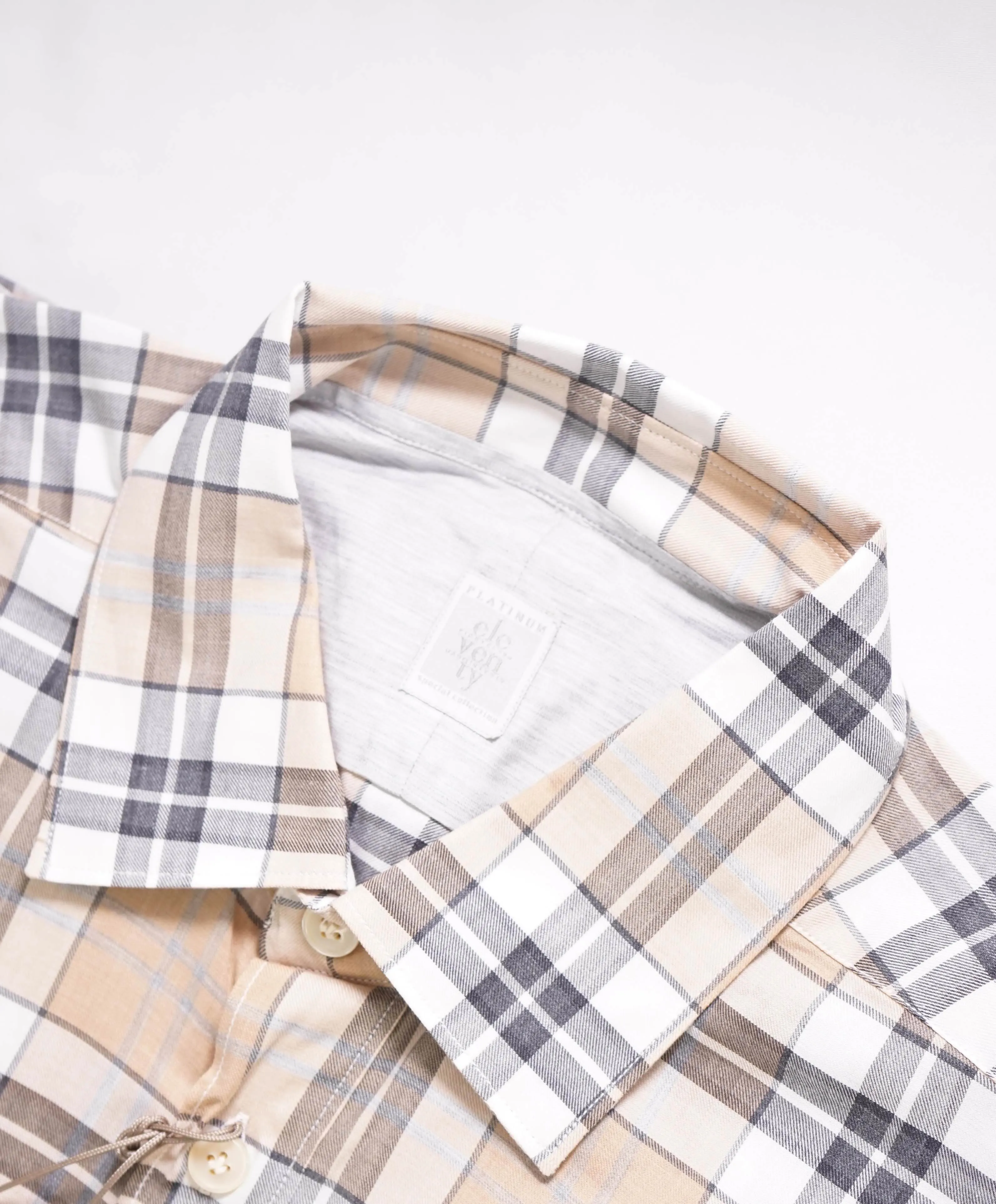 $395 ELEVENTY -Neutral *POPOVER* Check Plaid Button Dress Shirt - S (39)