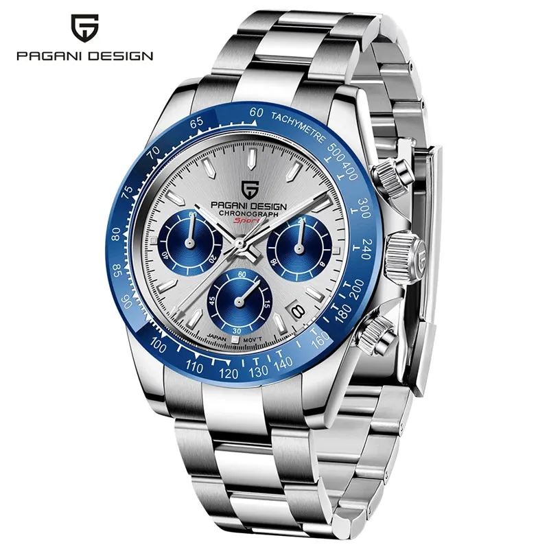 40mm Men's Quartz Watches - Sapphire Retro Chronograph Stainless Steel Waterproof Watch