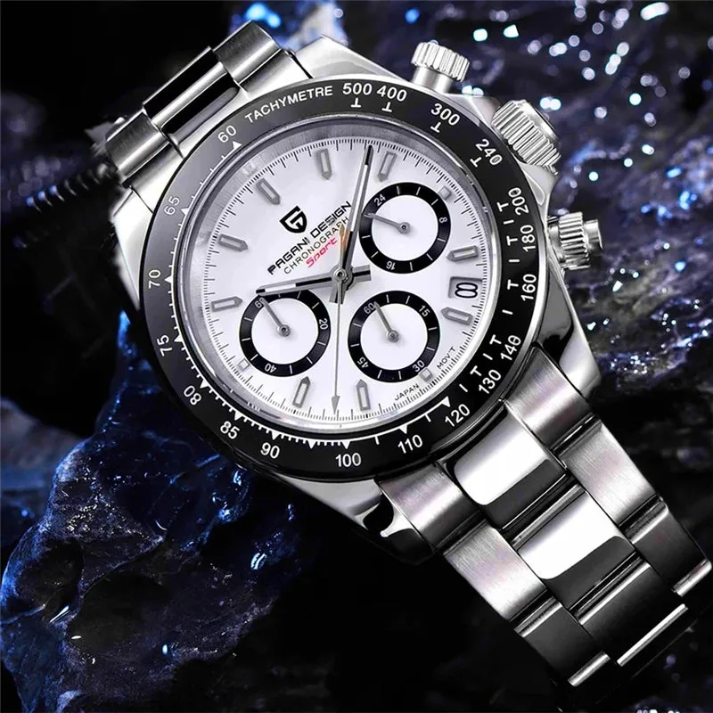 40mm Men's Quartz Watches - Sapphire Retro Chronograph Stainless Steel Waterproof Watch