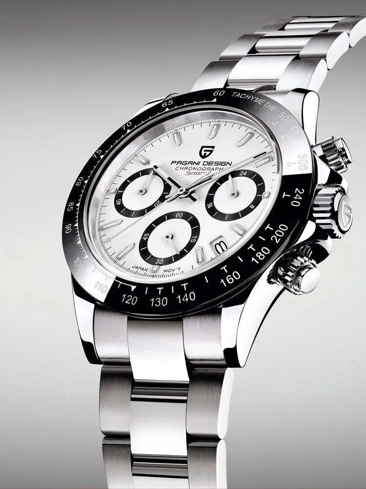 40mm Men's Quartz Watches - Sapphire Retro Chronograph Stainless Steel Waterproof Watch
