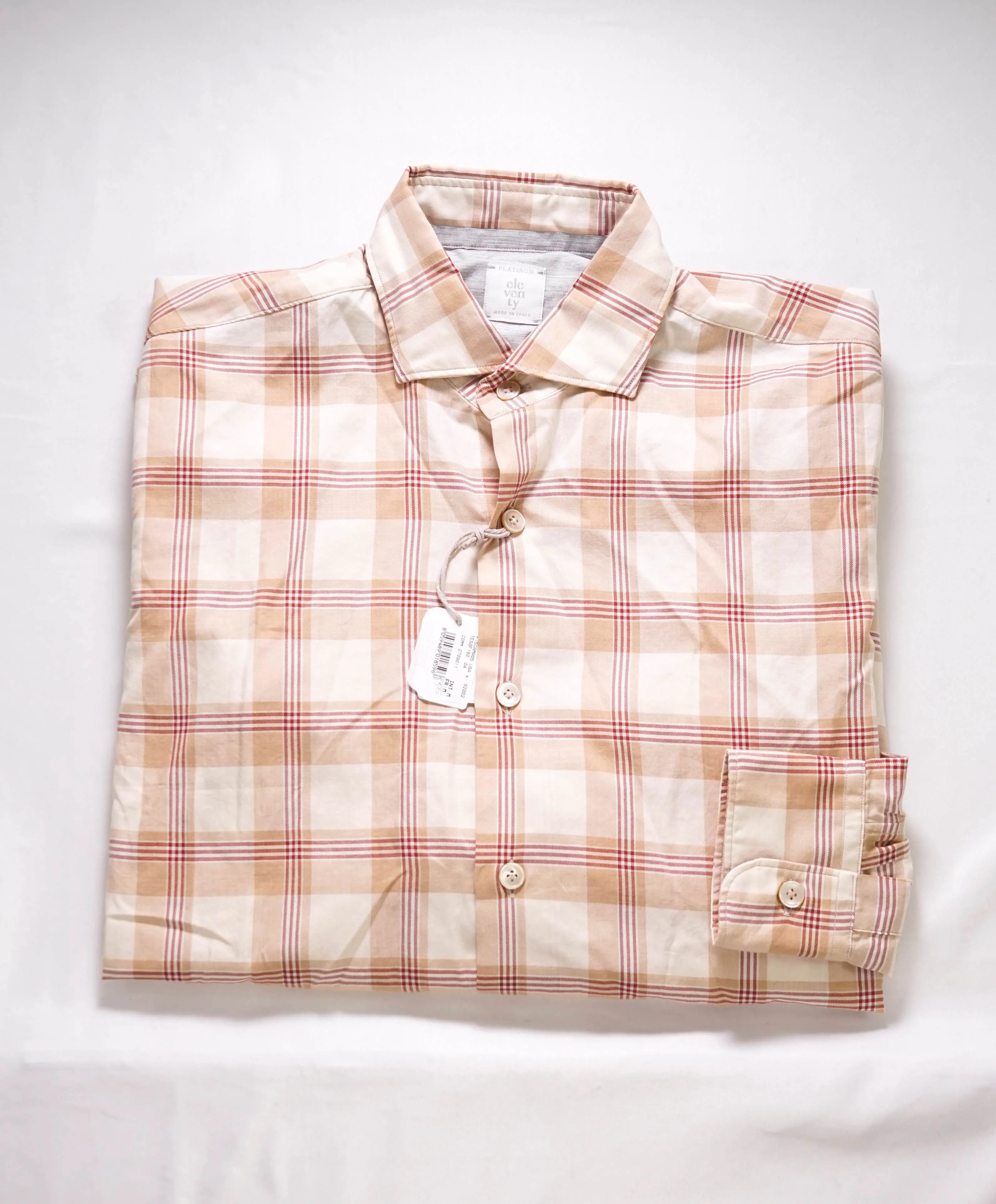 $495 ELEVENTY - *Flannel cotton* Neutral Red Check Dress Shirt - M