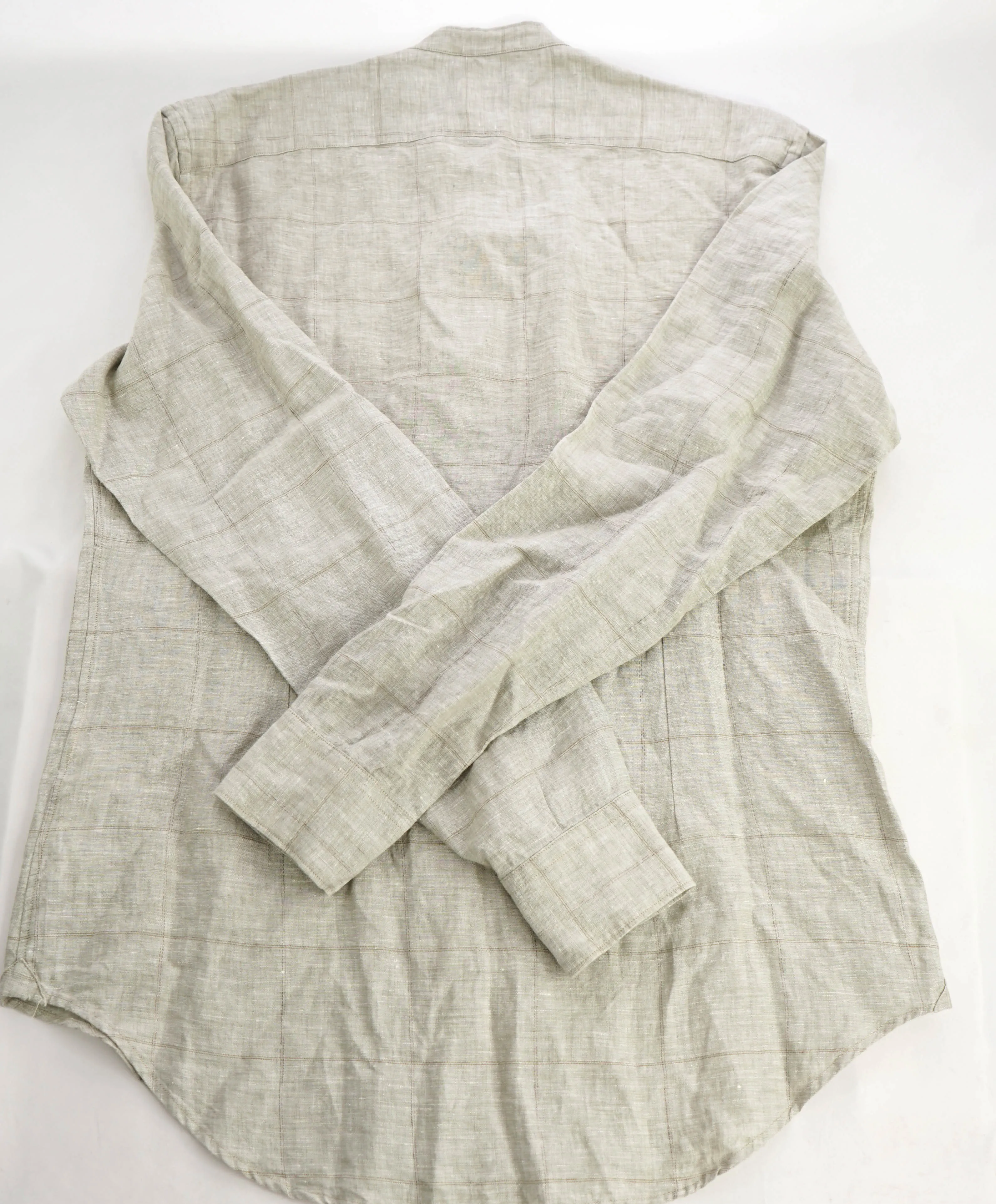 $545 ELEVENTY - *LINEN* Sage/SandBand Collar Button Shirt - M