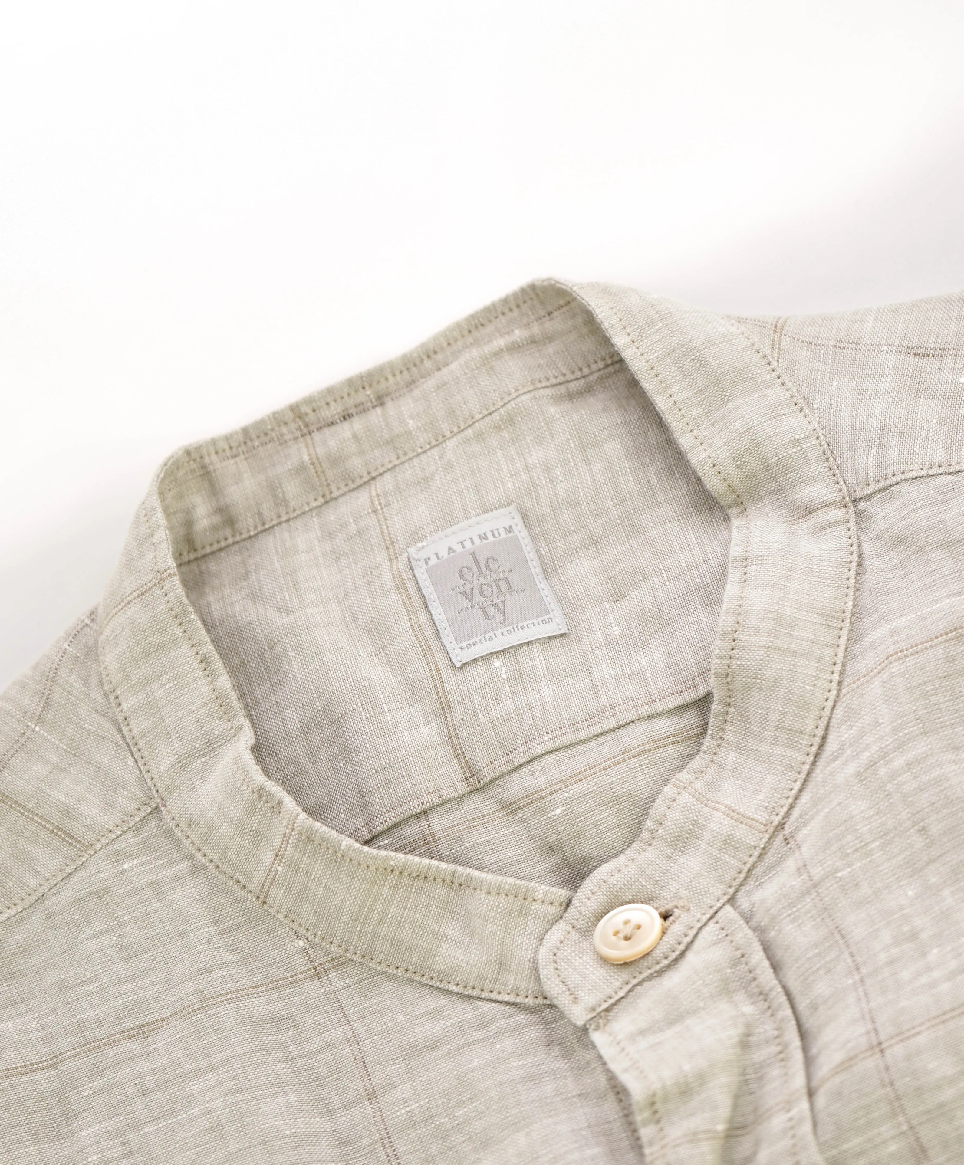$545 ELEVENTY - *LINEN* Sage/SandBand Collar Button Shirt - M