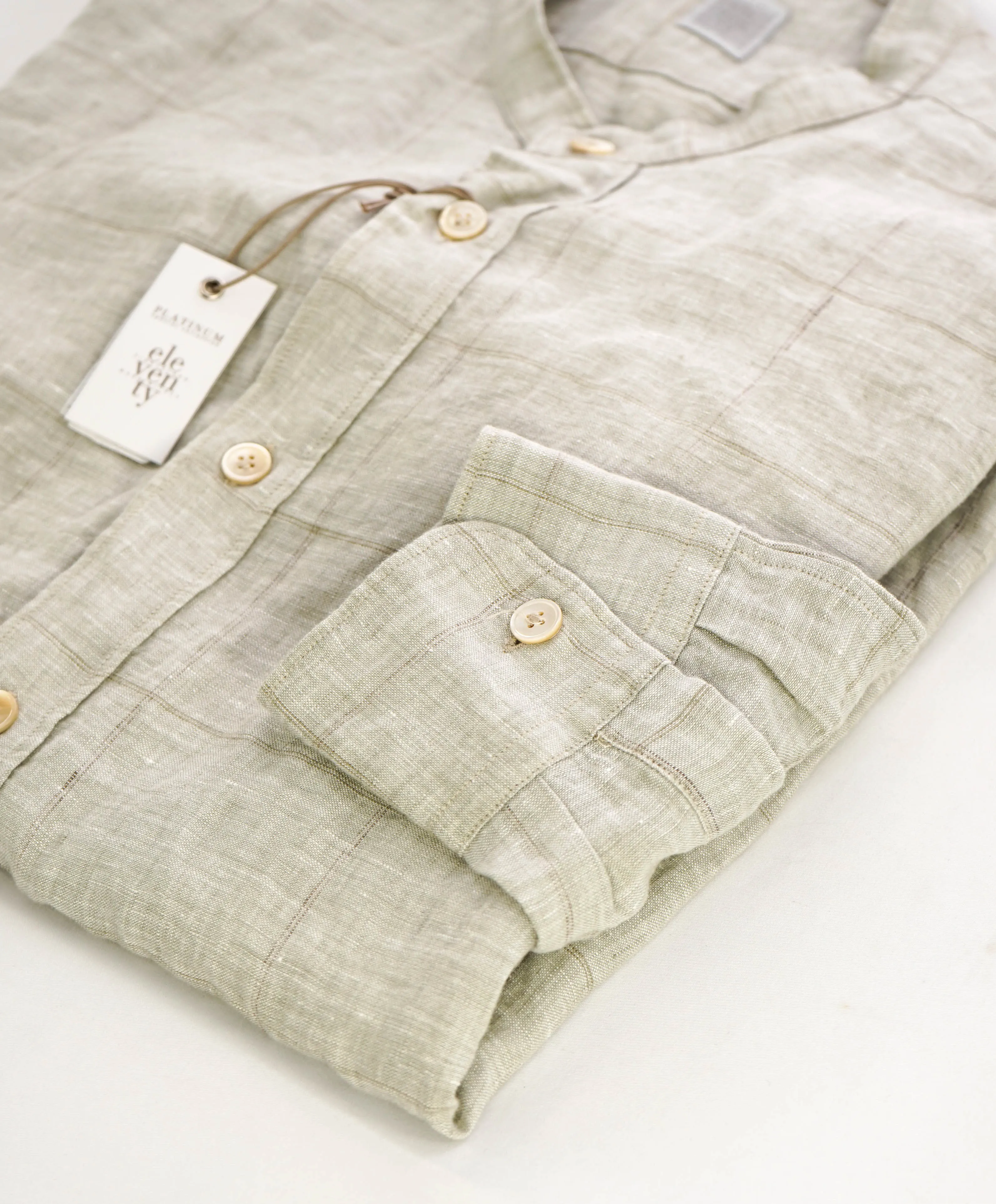 $545 ELEVENTY - *LINEN* Sage/SandBand Collar Button Shirt - M