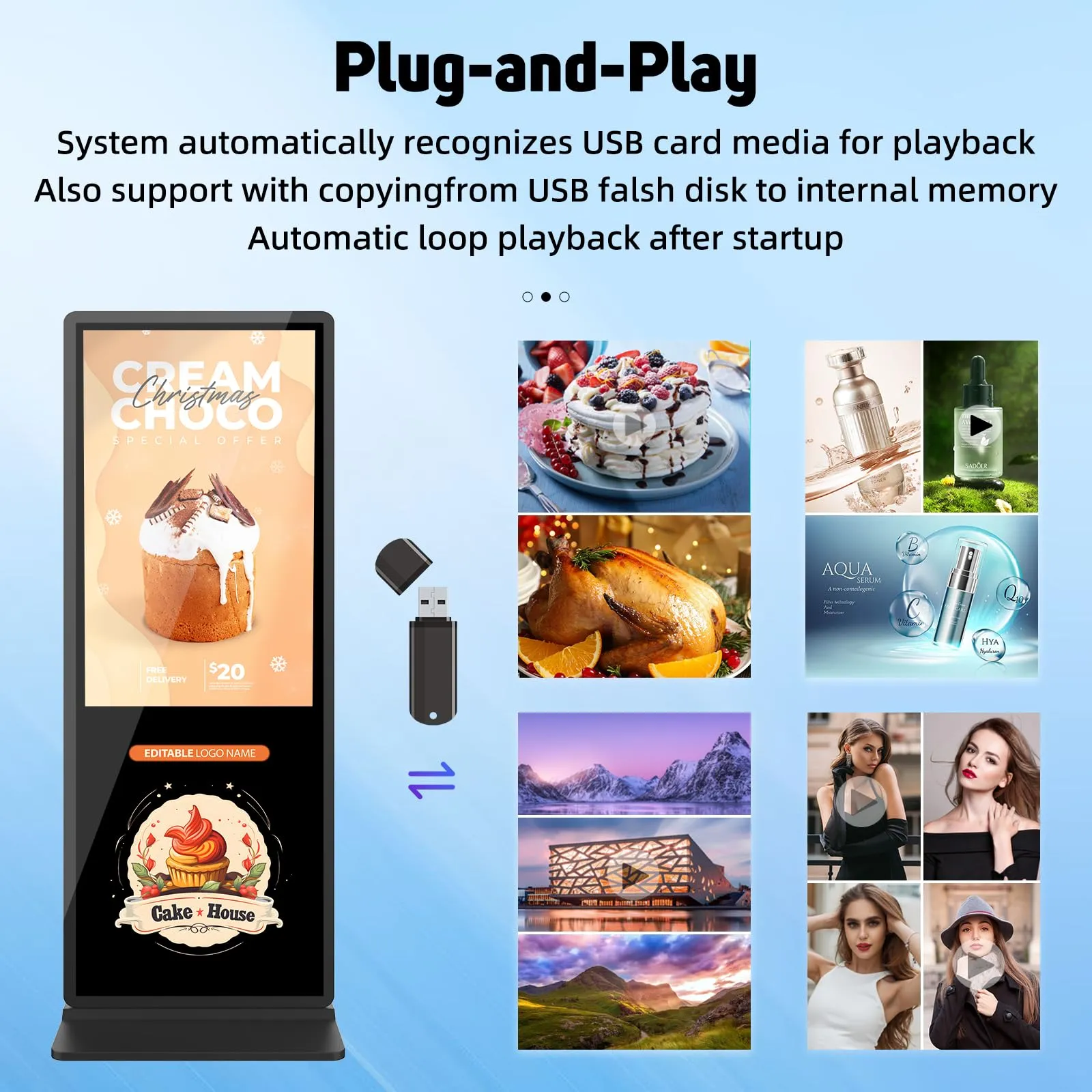 55 inch Indoor Digital Signage 4K UHD LCD Screen IPS Floor Standing Digital Kiosks Interactive Displays with WiFi HDMI/USB Input Auto AD Player, Android OS Black