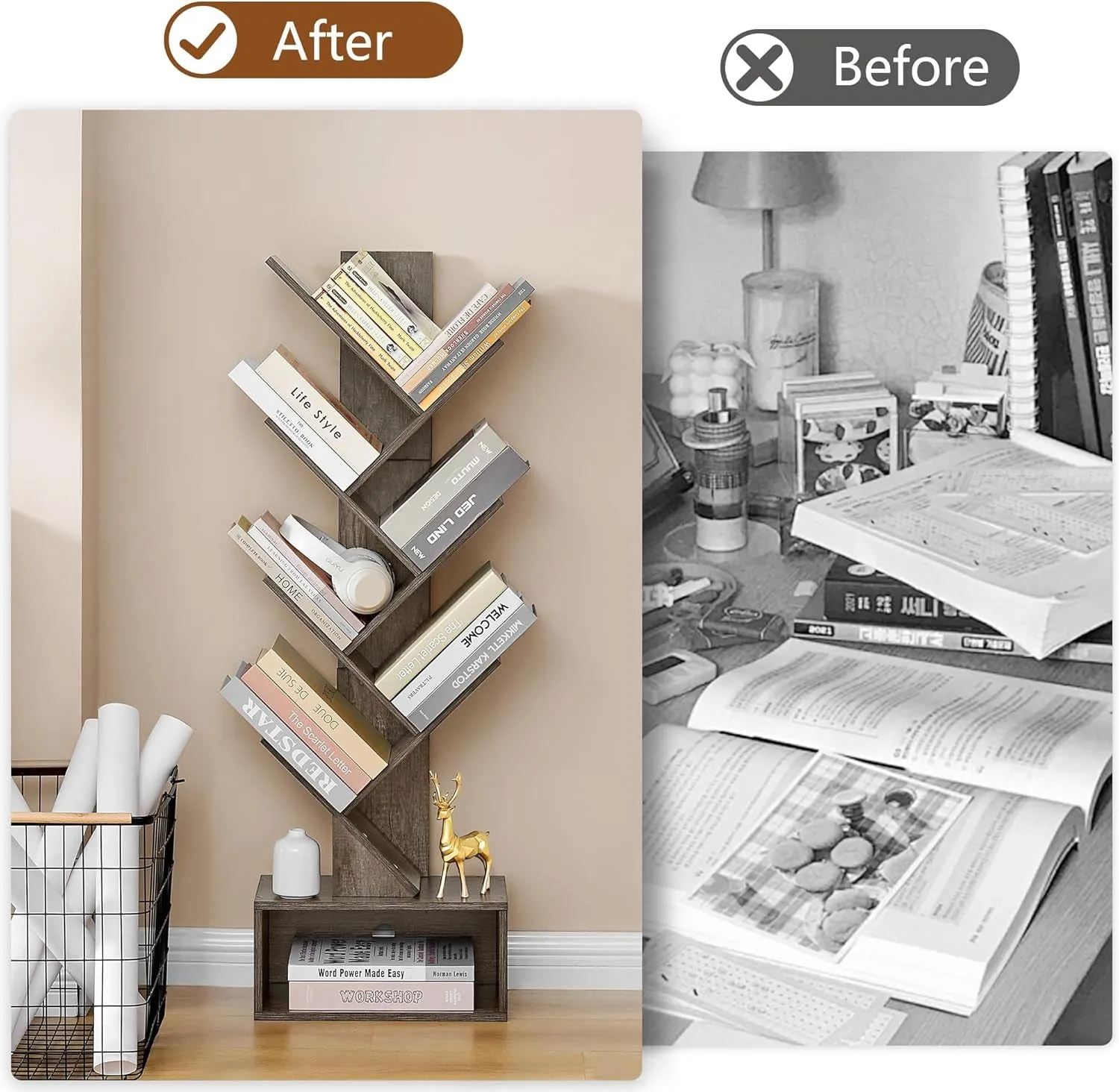 6 Tier Tree Bookshelf, Tall Bookcase with Drawer, Freestanding Book