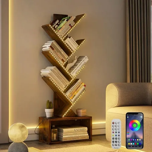 6 Tier Tree Bookshelf with LED Light, Vertical Bookcase Tower with