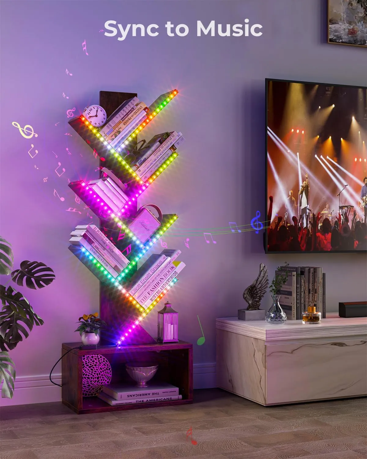 6 Tier Tree Bookshelf with LED Light, Vertical Bookcase Tower with