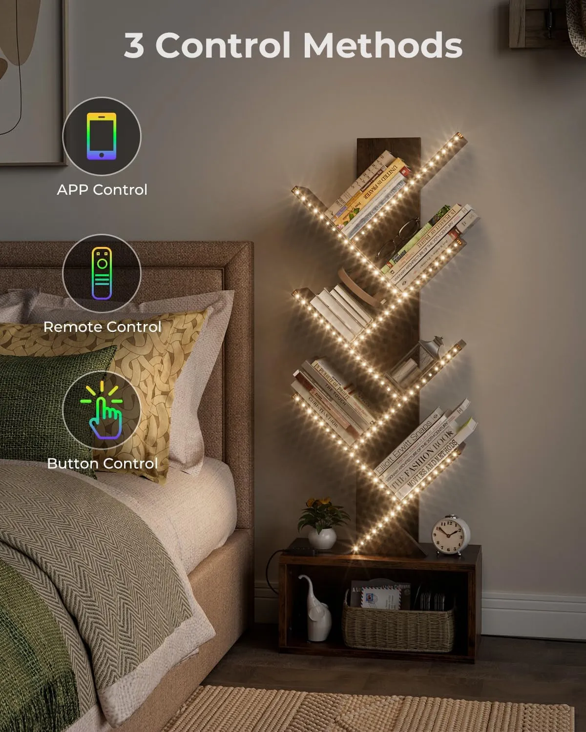 6 Tier Tree Bookshelf with LED Light, Vertical Bookcase Tower with
