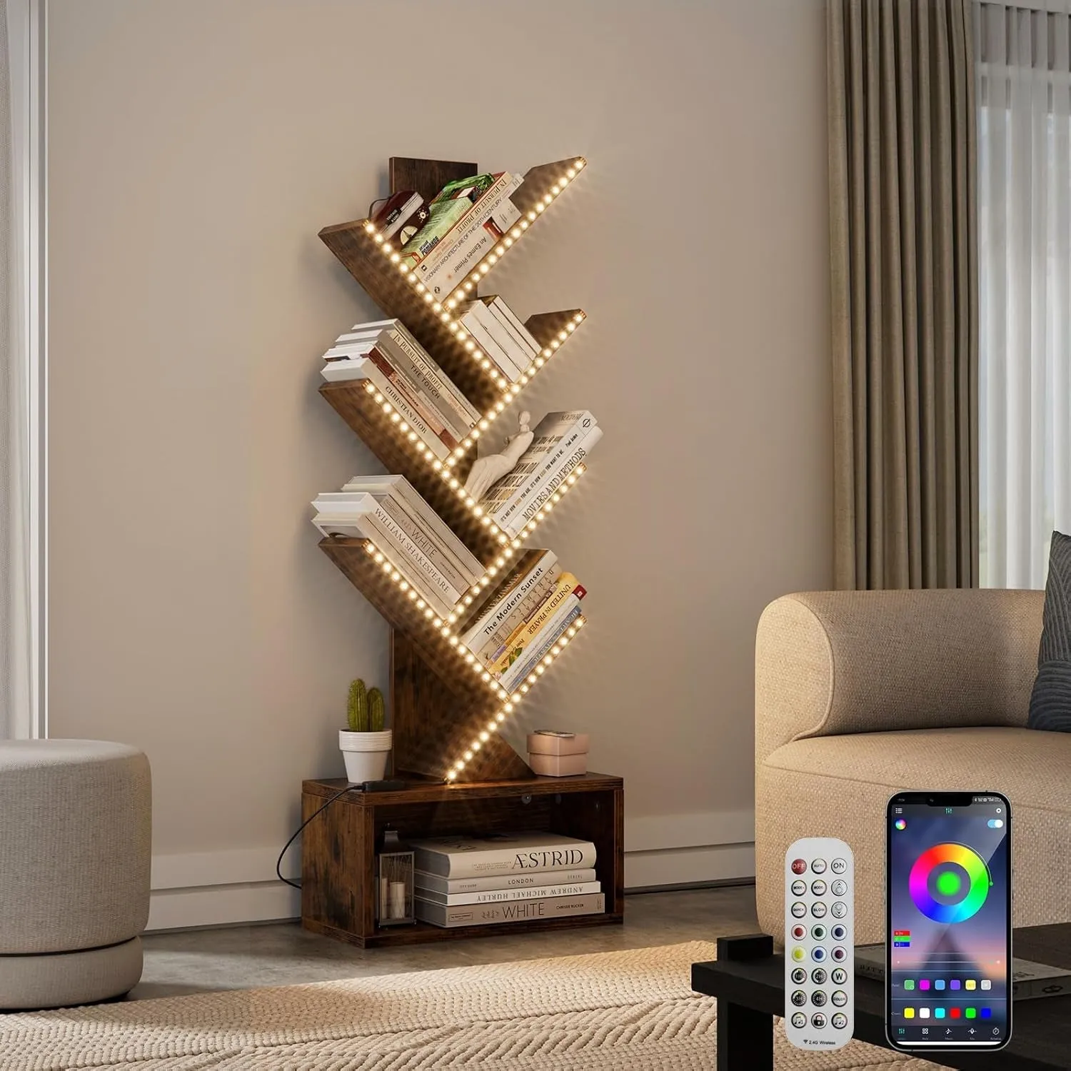 6 Tier Tree Bookshelf with LED Light, Vertical Bookcase Tower with