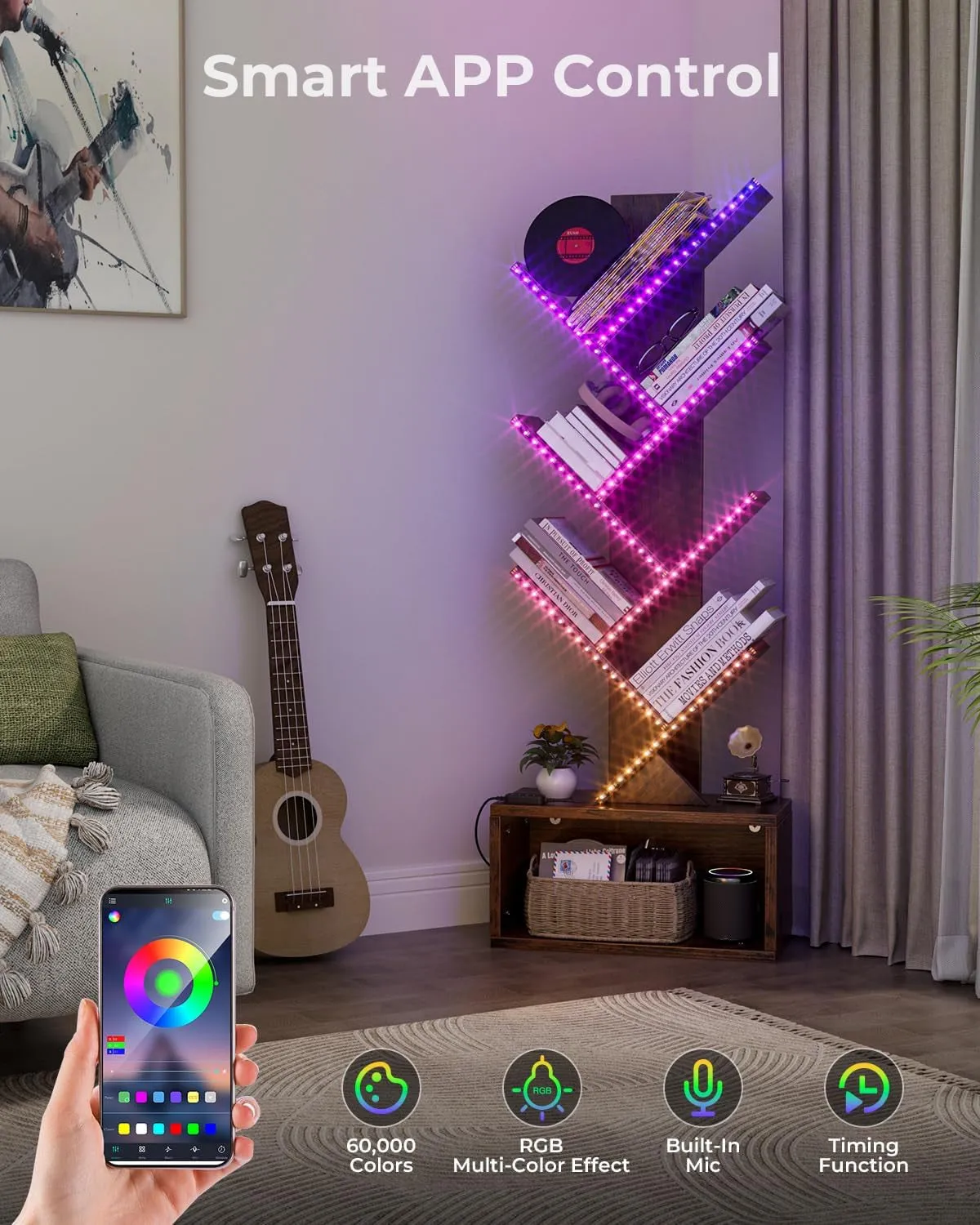 6 Tier Tree Bookshelf with LED Light, Vertical Bookcase Tower with