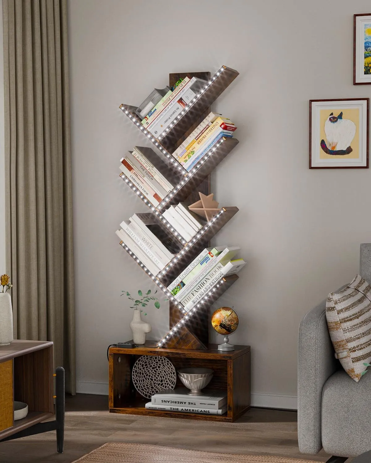 6 Tier Tree Bookshelf with LED Light, Vertical Bookcase Tower with