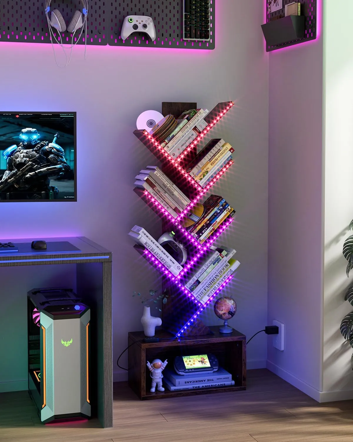 6 Tier Tree Bookshelf with LED Light, Vertical Bookcase Tower with