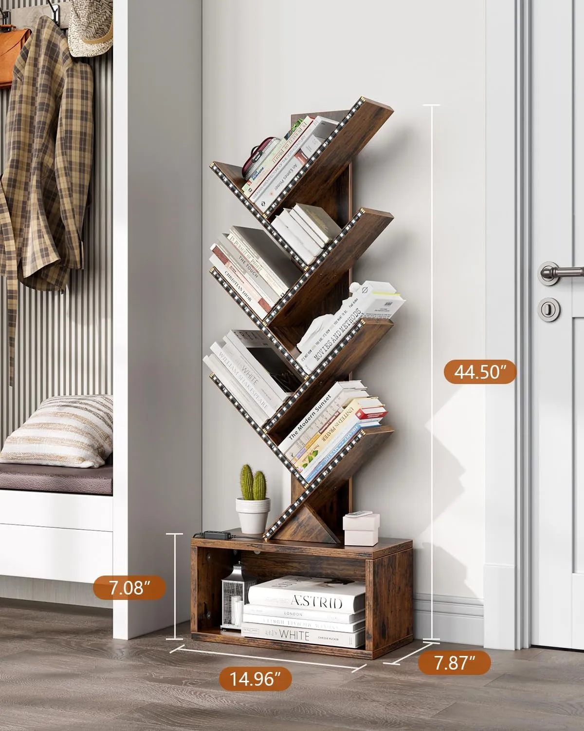 6 Tier Tree Bookshelf with LED Light, Vertical Bookcase Tower with