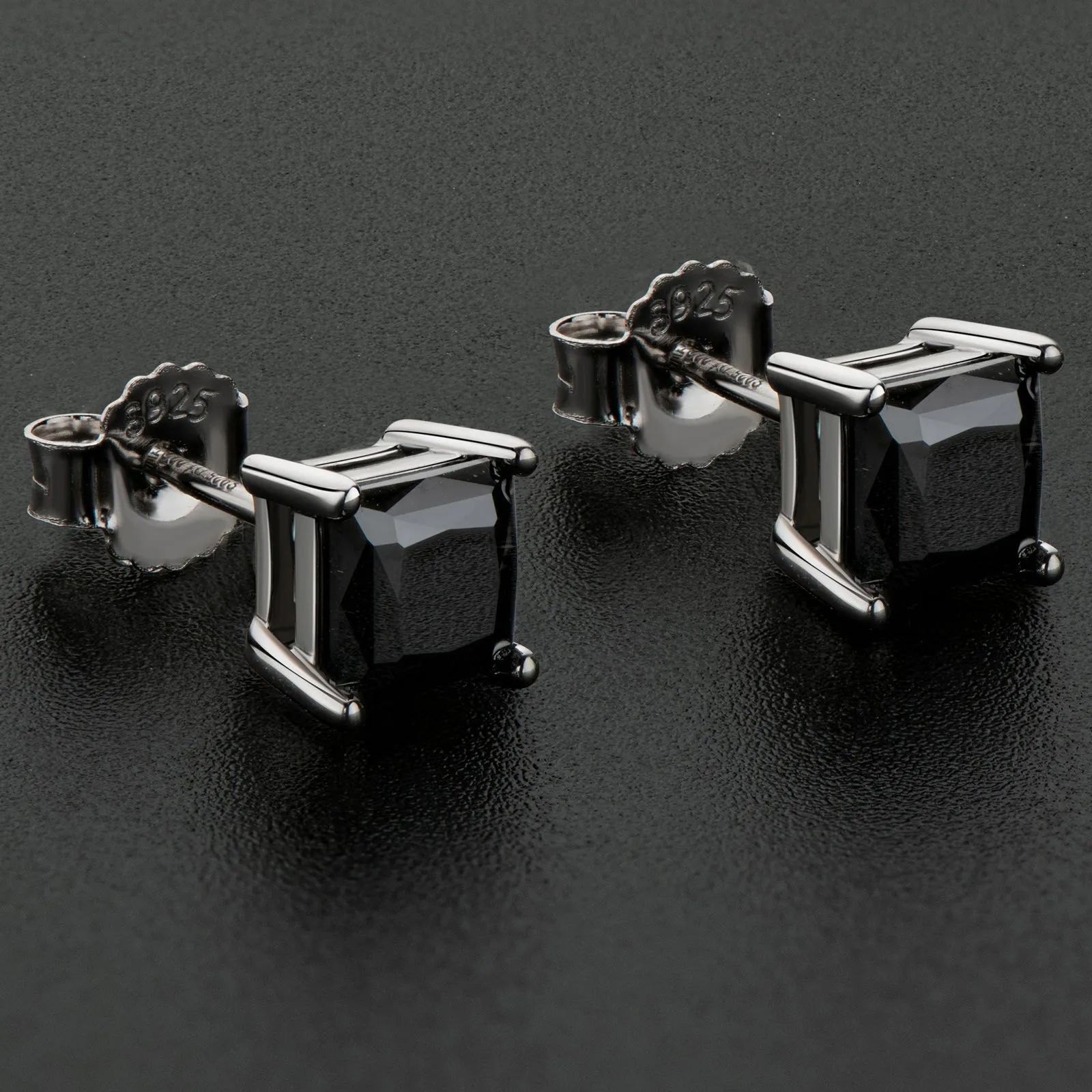 925 Sterling Silver 2.0cttw Princess Cut Black Moissanite Stud Earrings
