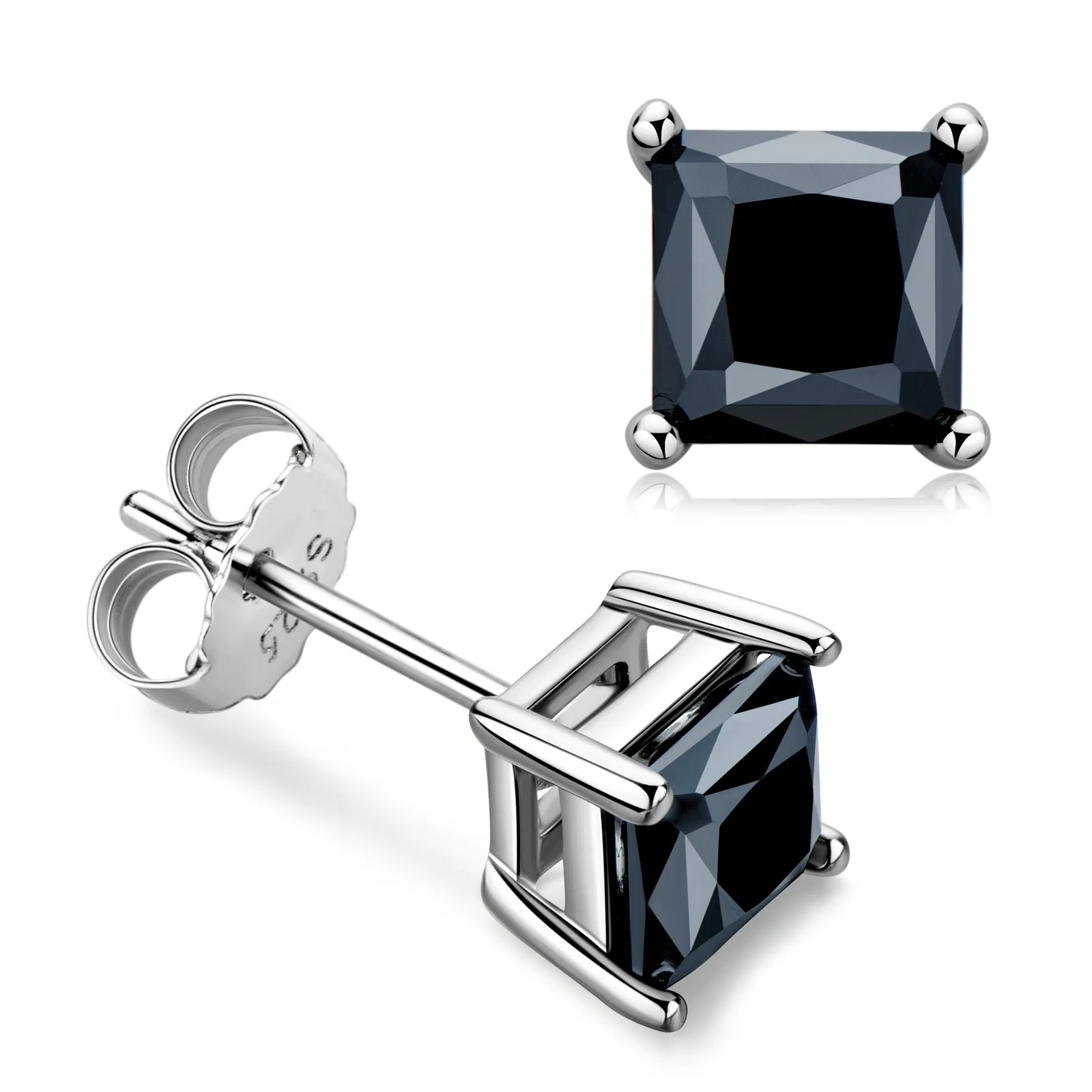 925 Sterling Silver 2.0cttw Princess Cut Black Moissanite Stud Earrings