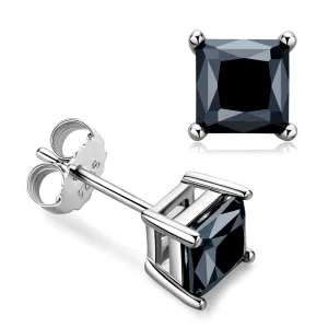 925 Sterling Silver 2.0cttw Princess Cut Black Moissanite Stud Earrings