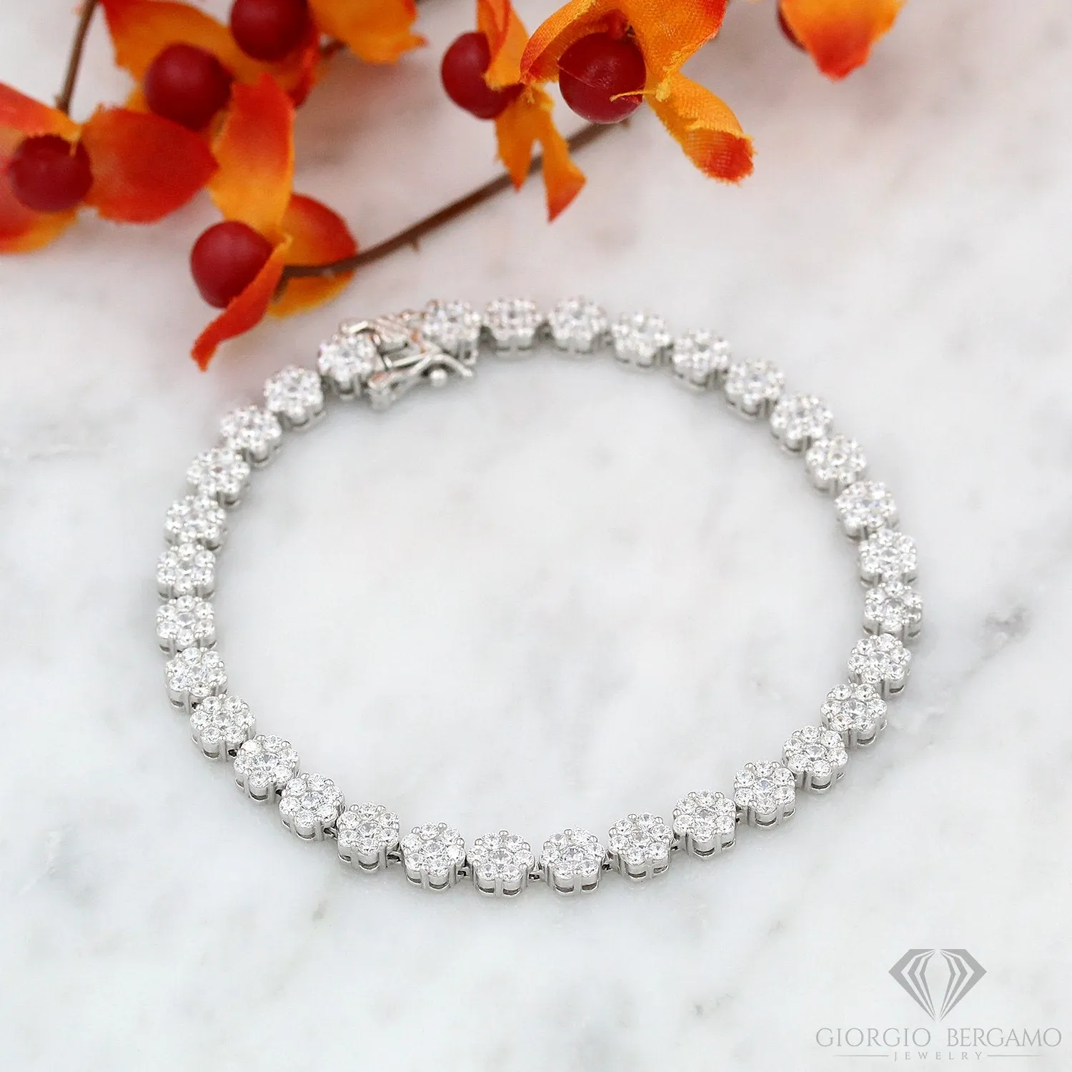 925 Sterling Silver Flower Cluster Tennis Bracelet