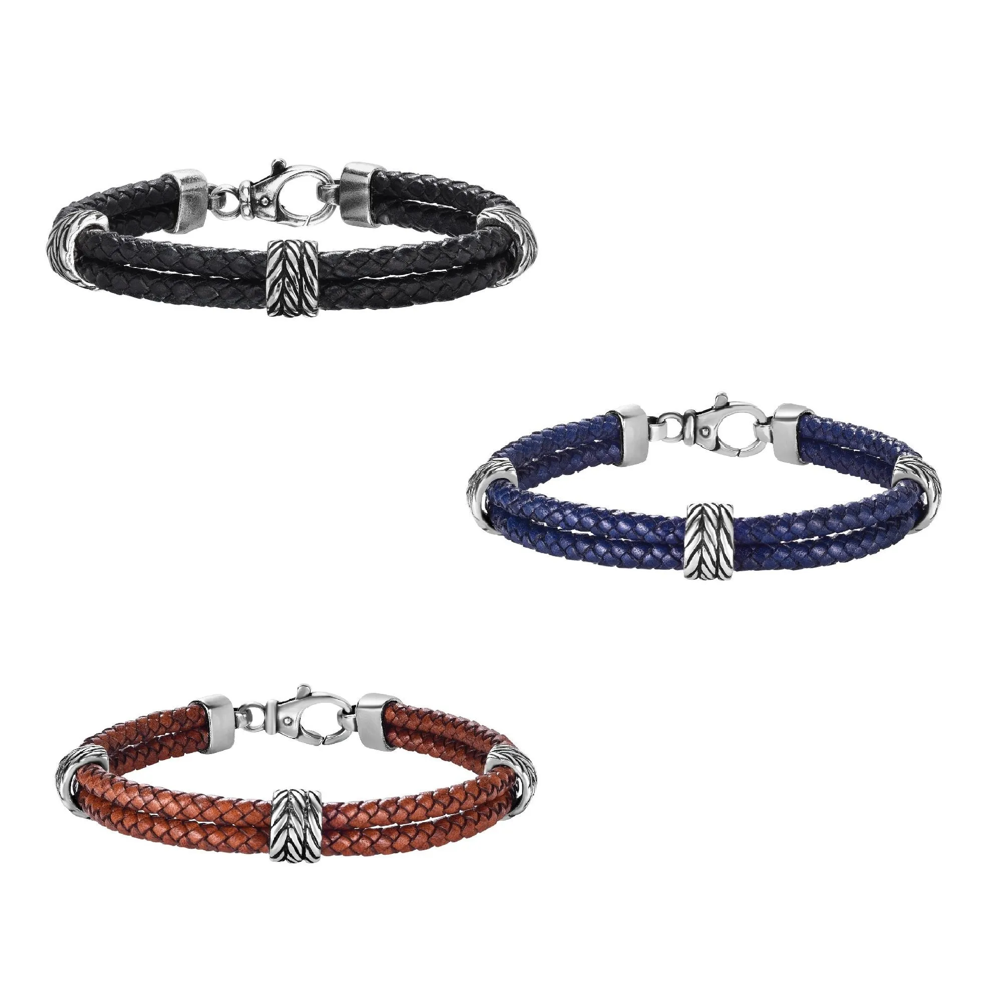925 Sterling Silver Genuine Leather Double Row Station Bracelet