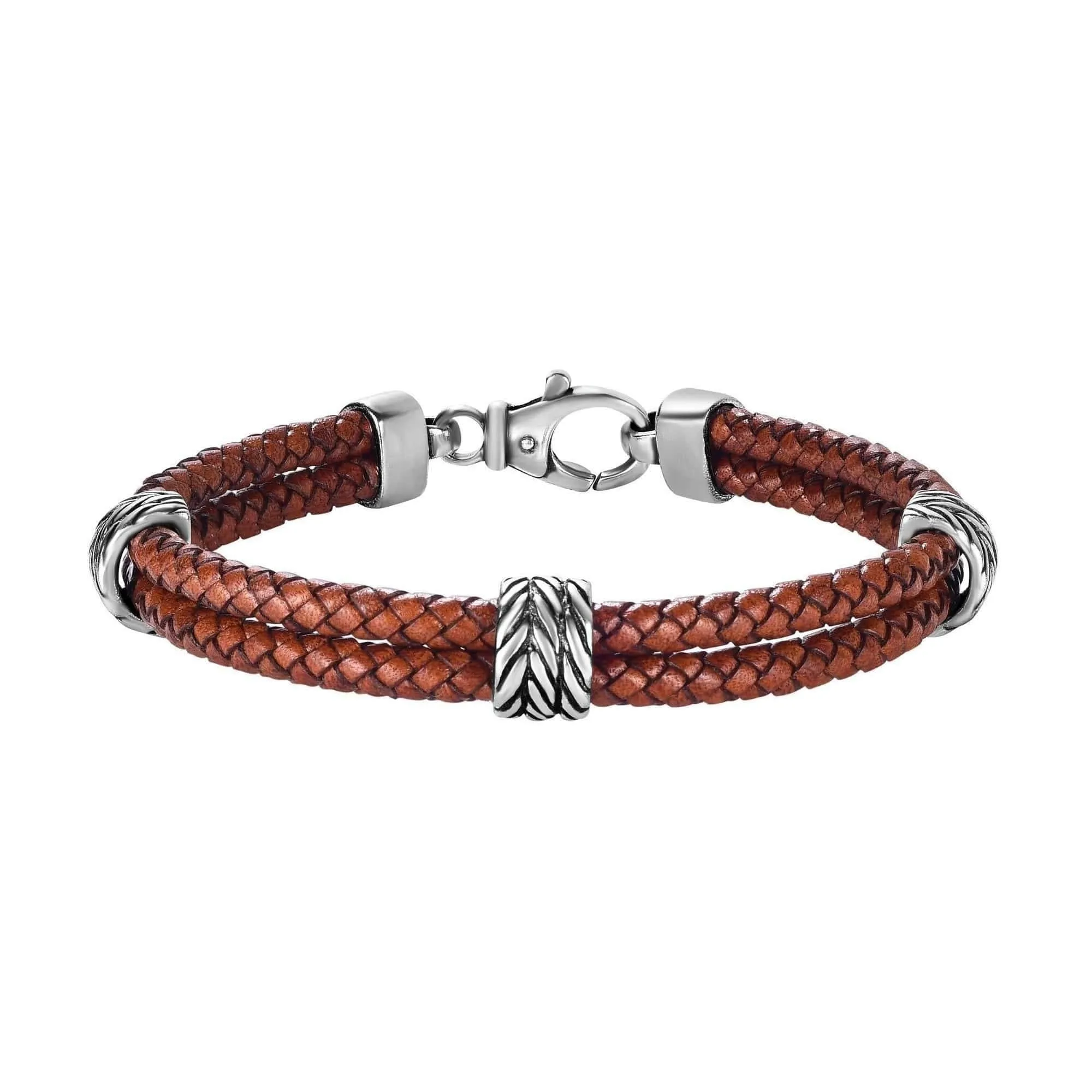925 Sterling Silver Genuine Leather Double Row Station Bracelet