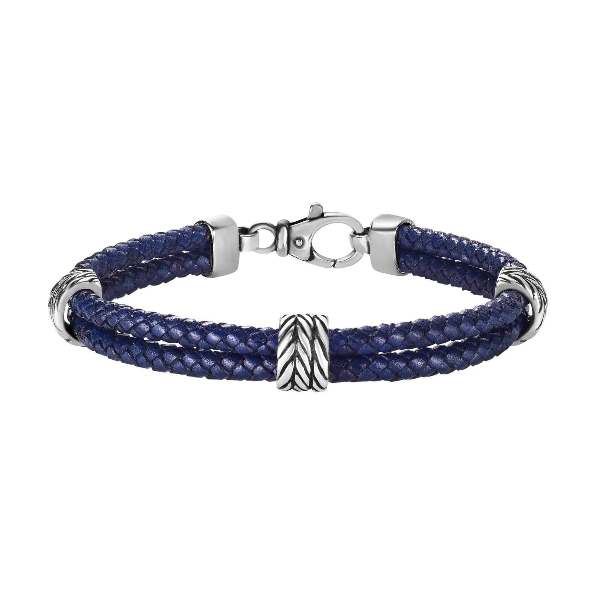 925 Sterling Silver Genuine Leather Double Row Station Bracelet