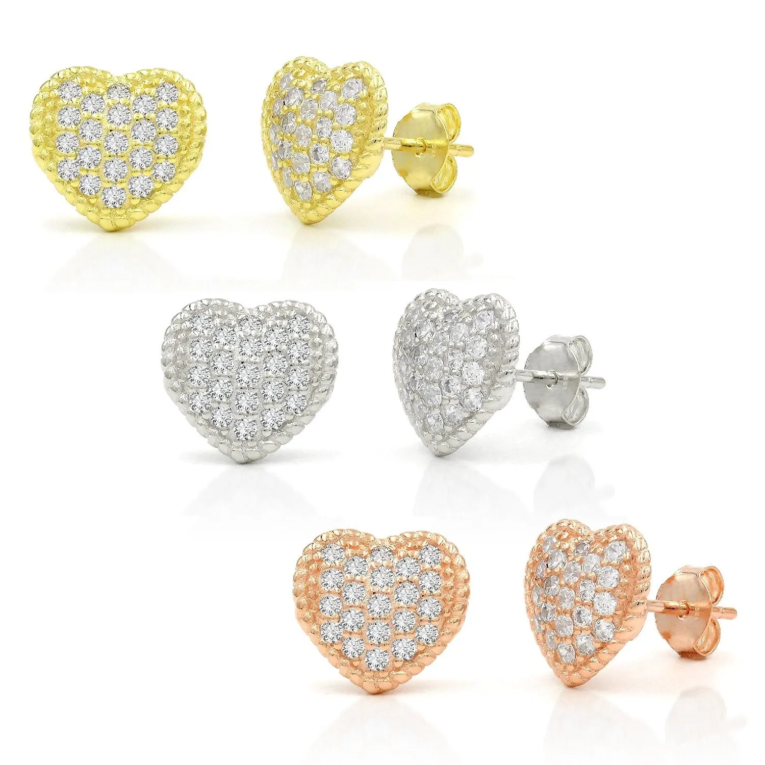 925 Sterling Silver Gold Plated Micro Pave Braided Puffed Heart Stud Earrings