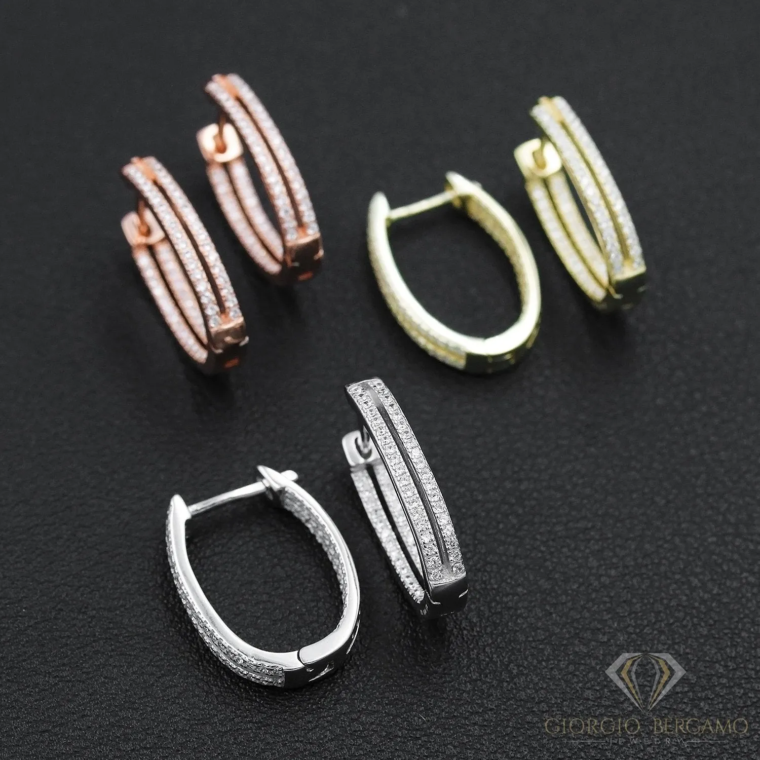 925 Sterling Silver Gold Plated Micro Pave Double Row Oval Inside Out Hoop Earrings