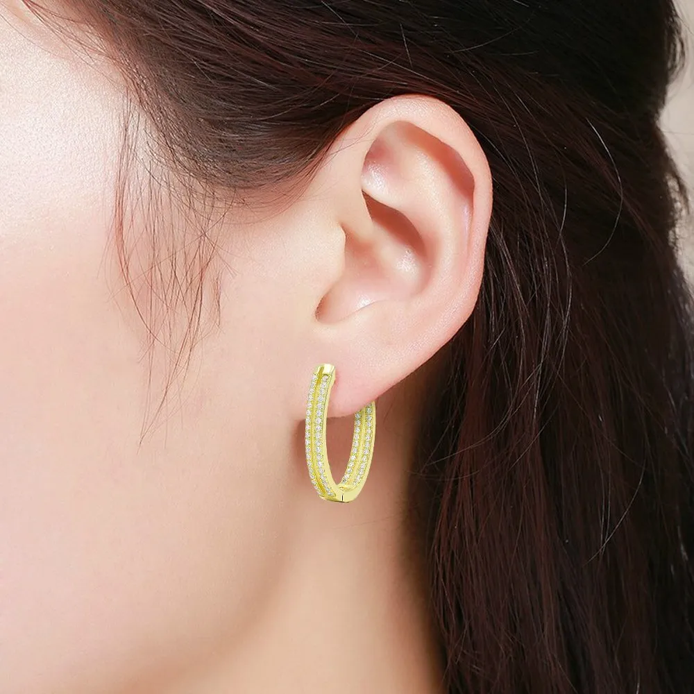925 Sterling Silver Gold Plated Micro Pave Double Row Oval Inside Out Hoop Earrings