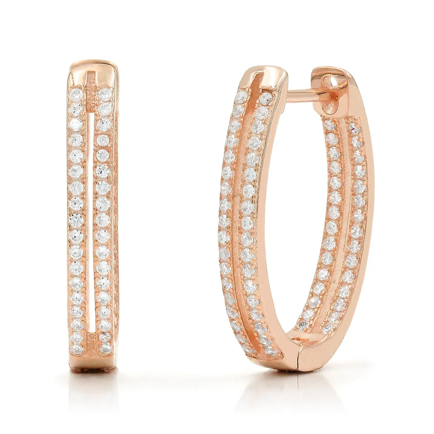925 Sterling Silver Gold Plated Micro Pave Double Row Oval Inside Out Hoop Earrings