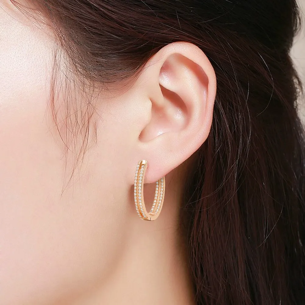 925 Sterling Silver Gold Plated Micro Pave Double Row Oval Inside Out Hoop Earrings