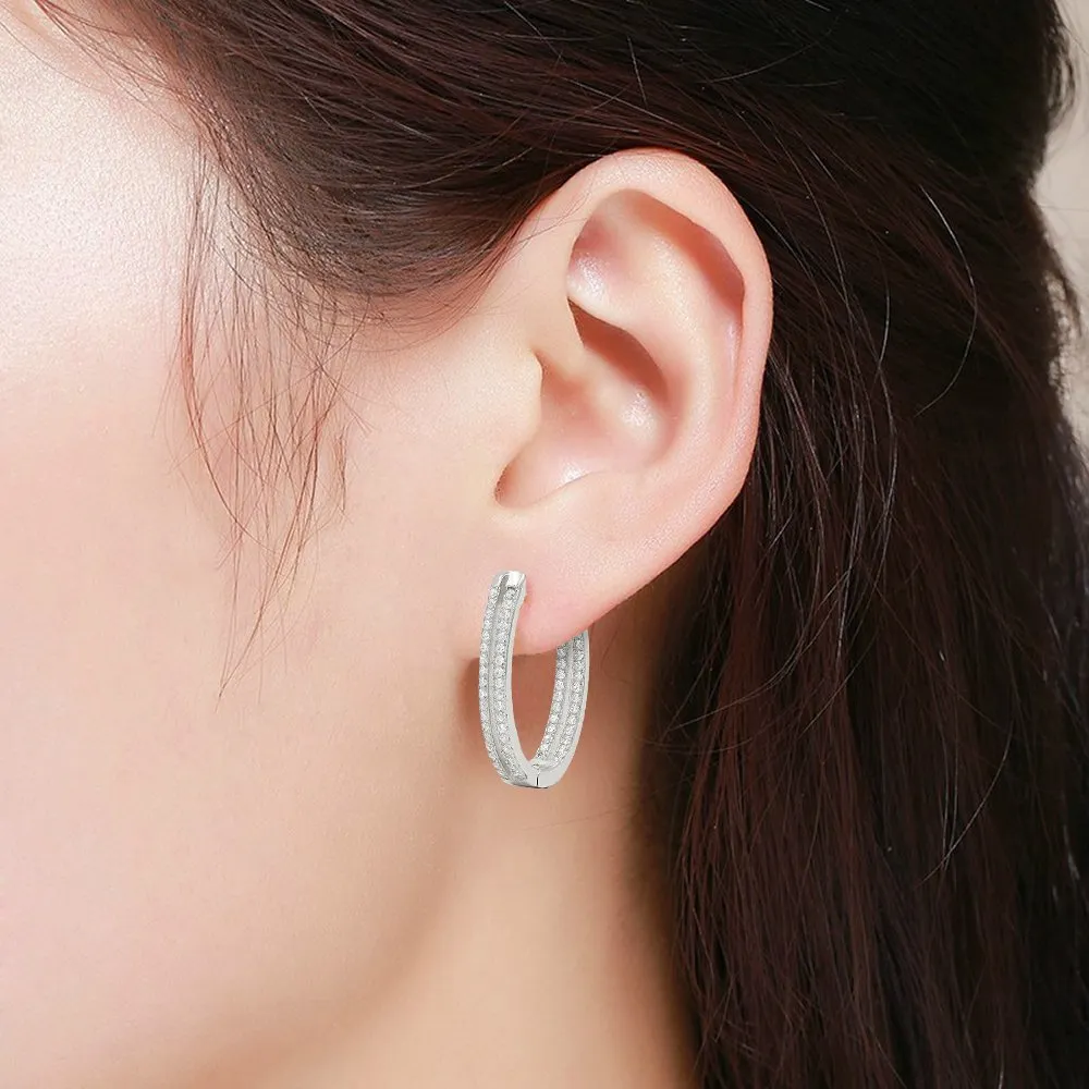 925 Sterling Silver Gold Plated Micro Pave Double Row Oval Inside Out Hoop Earrings