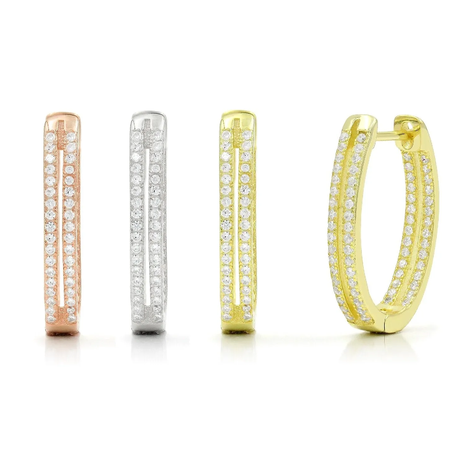 925 Sterling Silver Gold Plated Micro Pave Double Row Oval Inside Out Hoop Earrings