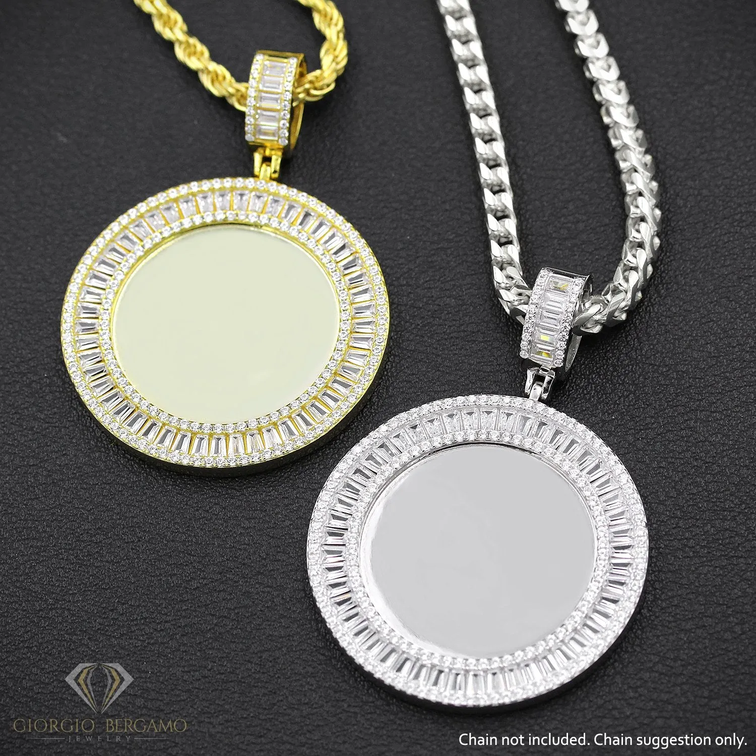 925 Sterling Silver Micro Pave Round Disc, Engraveable, Picture Frame Pendant Only