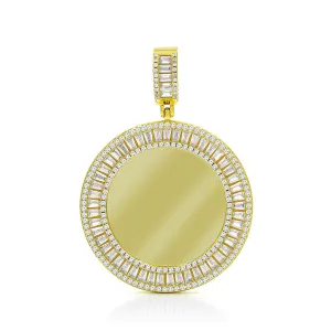 925 Sterling Silver Micro Pave Round Disc, Engraveable, Picture Frame Pendant Only