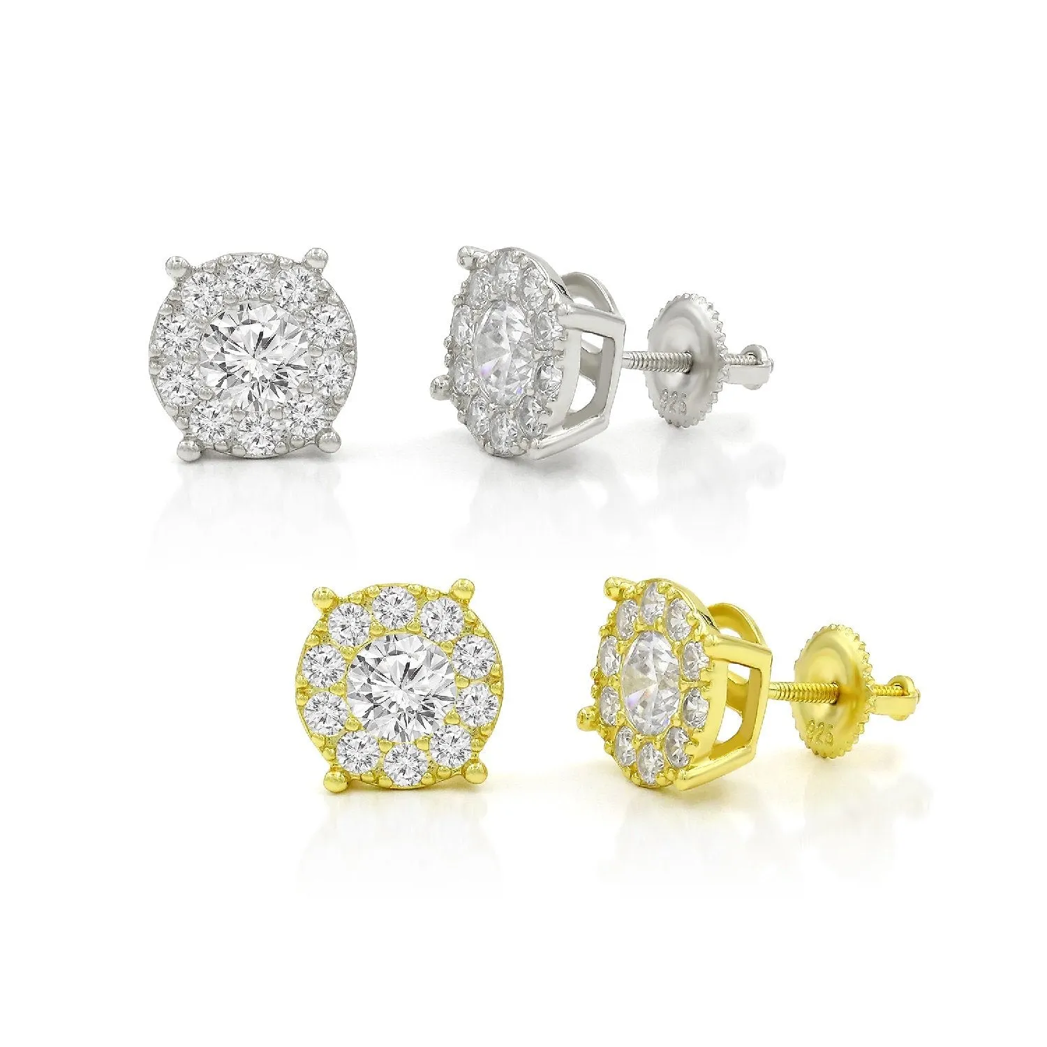 925 Sterling Silver Micro Pave Unisex Round Cluster Screw Back Stud Earrings