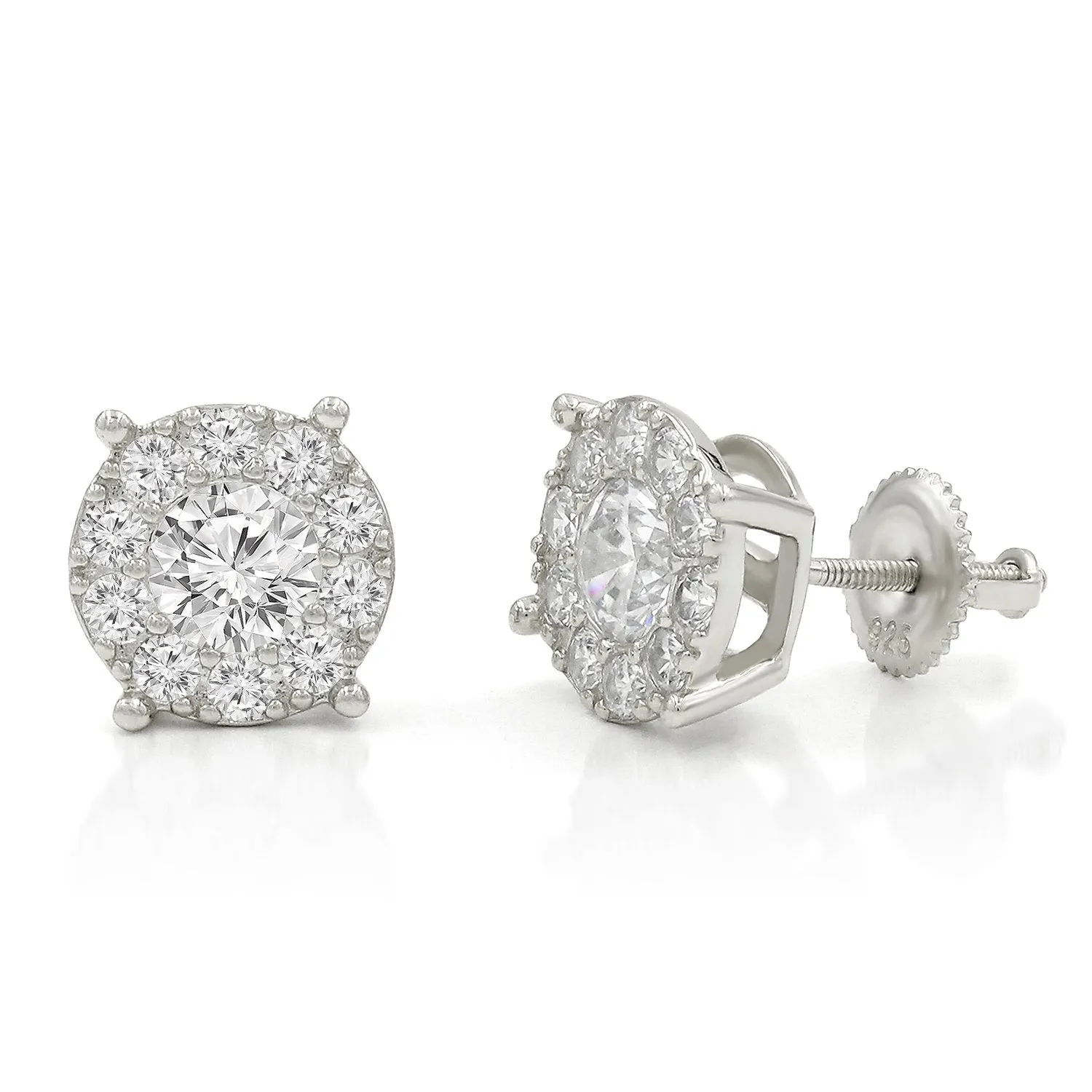 925 Sterling Silver Micro Pave Unisex Round Cluster Screw Back Stud Earrings