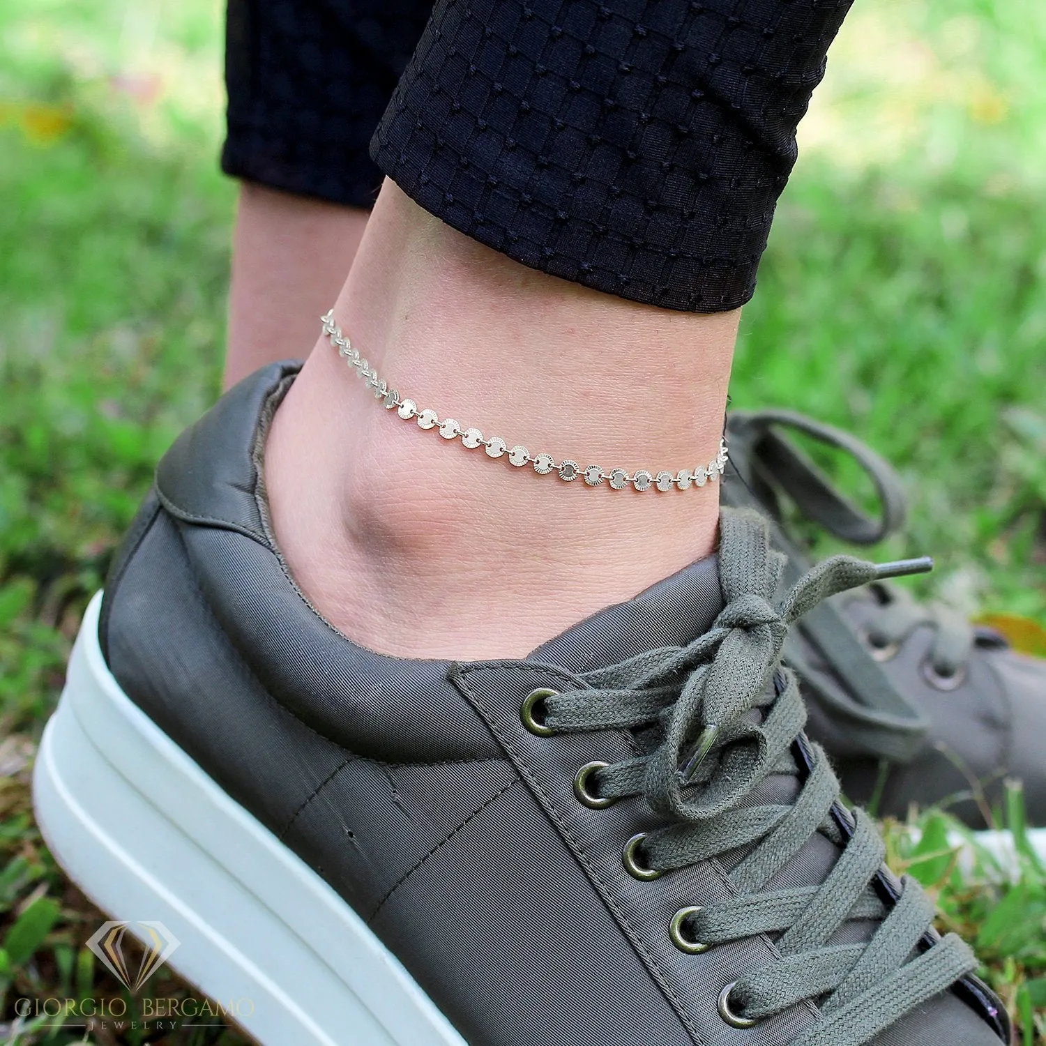 925 Sterling Silver Shiny Diamond Cut Disc Ankle Bracelet, ITProLux