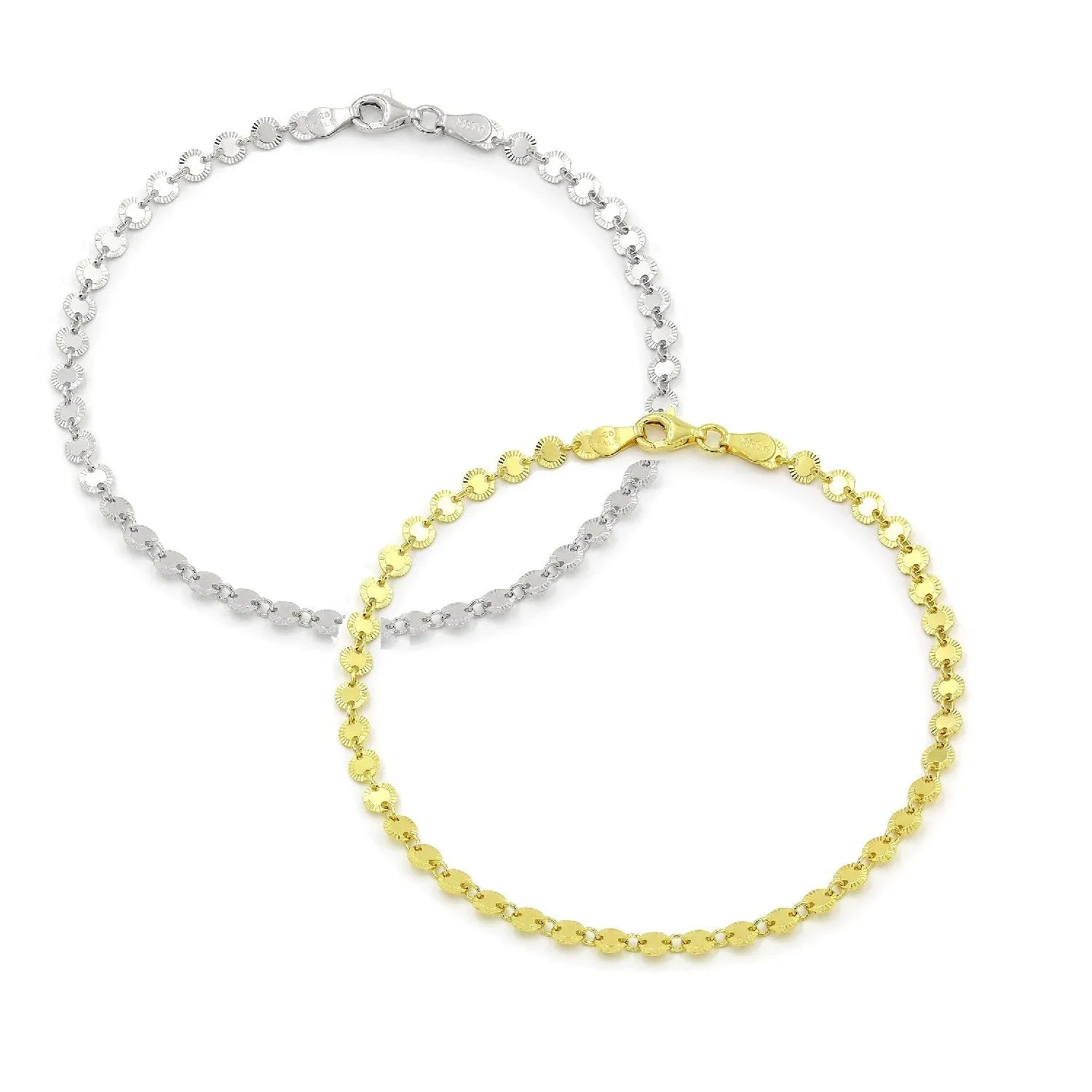 925 Sterling Silver Shiny Diamond Cut Disc Ankle Bracelet, ITProLux