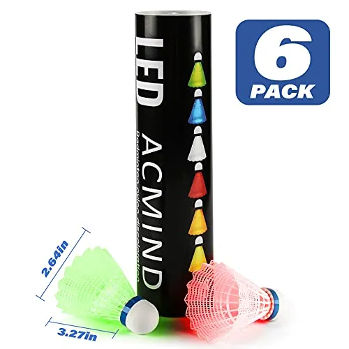 Acmind 6pcs LED Badminton shuttlecocks Nylon Lighting Birdies Sets Glow in The Dark for Backyards Outdoor and Indoor Sport Activities Light up Shuttlecock Birdie Balls Set