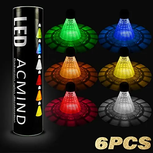 Acmind 6pcs LED Badminton shuttlecocks Nylon Lighting Birdies Sets Glow in The Dark for Backyards Outdoor and Indoor Sport Activities Light up Shuttlecock Birdie Balls Set