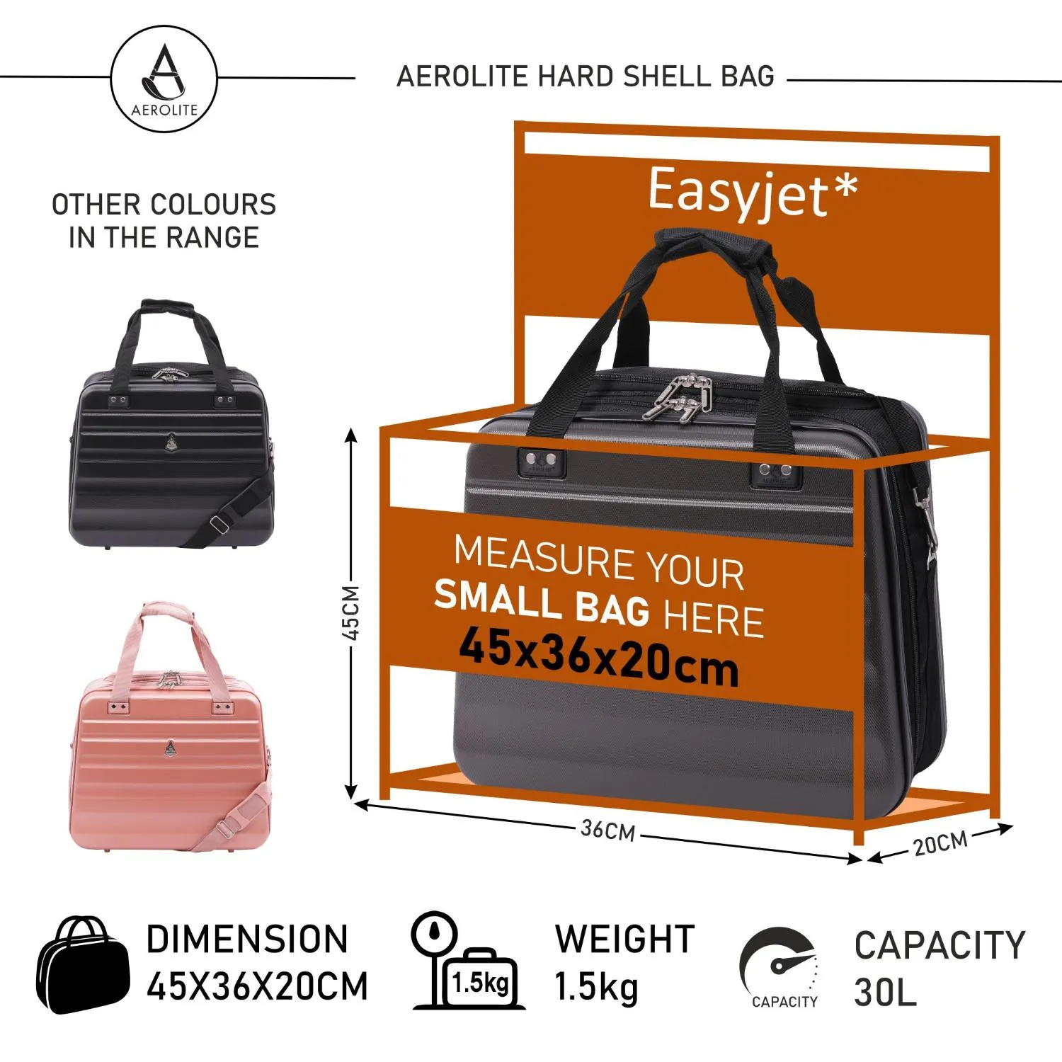 Aerolite New Summer 2024 Easyjet Maximum Size 45x36x20cm Hand Cabin Luggage Approved Hard Shell Travel Carry On Holdall Shoulder Under Seat Flight Bag with 2 Year Warranty