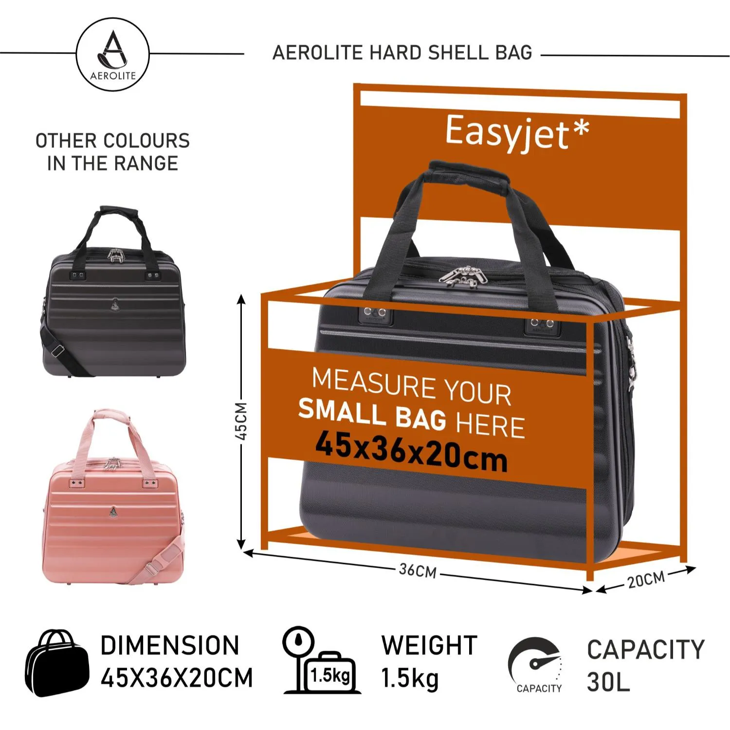 Aerolite New Summer 2024 Easyjet Maximum Size 45x36x20cm Hand Cabin Luggage Approved Hard Shell Travel Carry On Holdall Shoulder Under Seat Flight Bag with 2 Year Warranty
