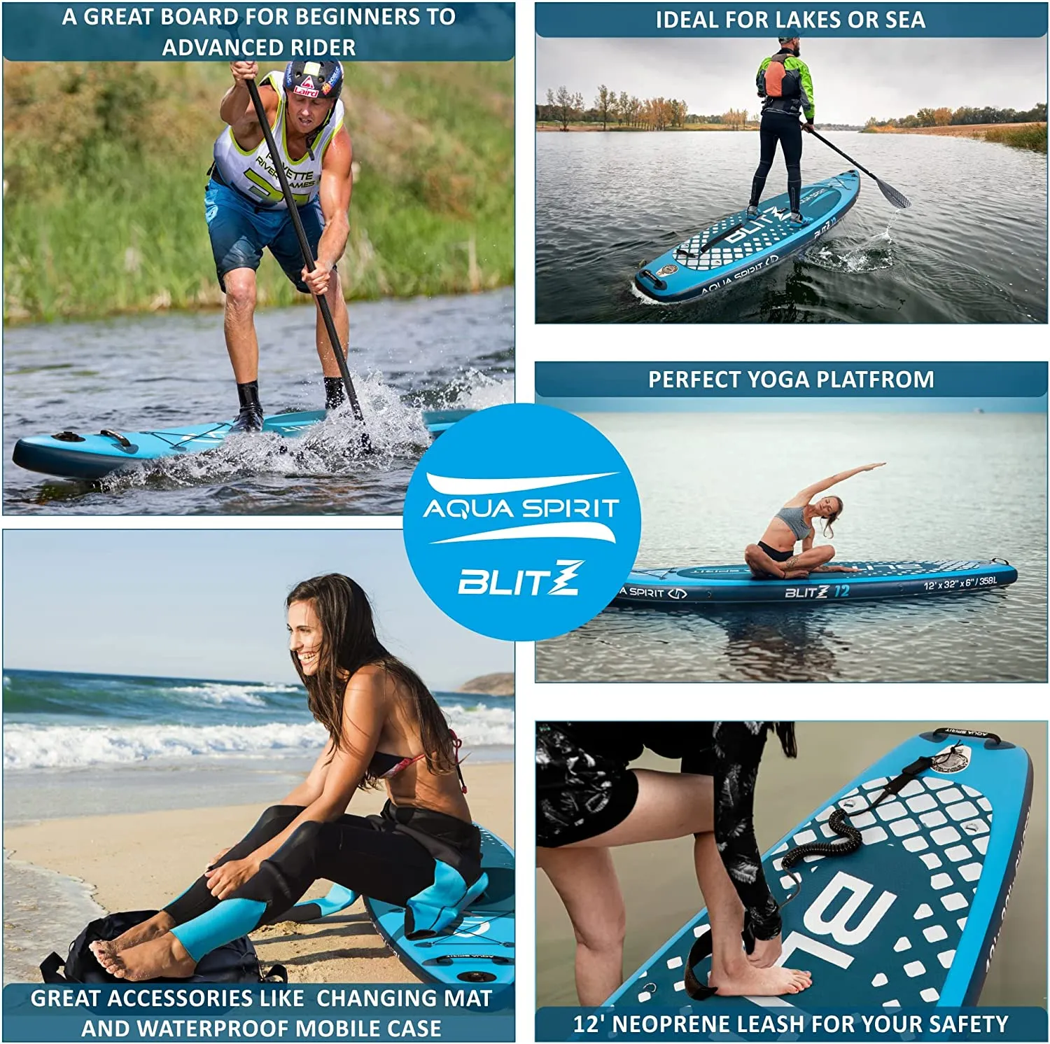 AQUA SPIRIT Blitz 10’8 & 12' PREMIUM iSUP Inflatable Stand up Paddle Board & Kayak with Top Accessories, Made From Premium Material, All Inclusive Package, 2 Years Of Warranty