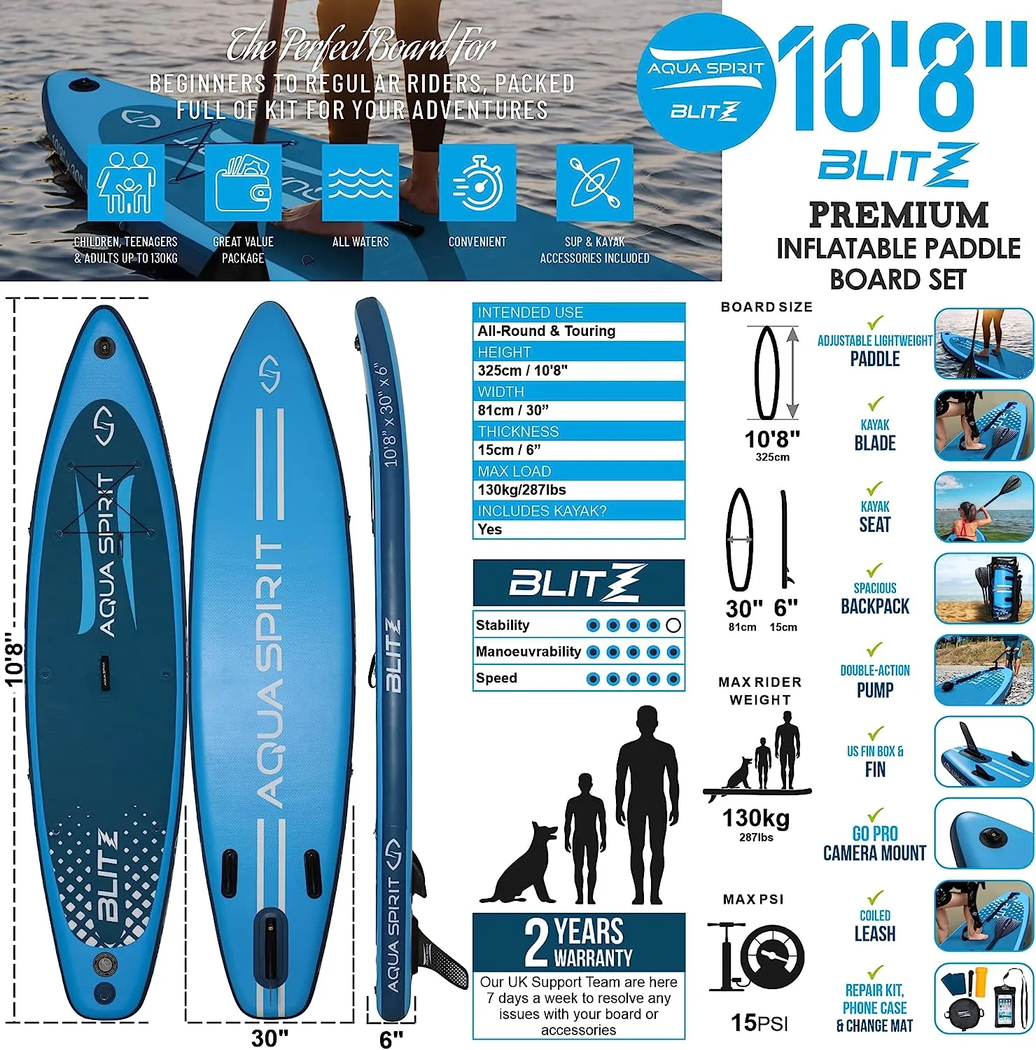 AQUA SPIRIT Blitz 10’8 & 12' PREMIUM iSUP Inflatable Stand up Paddle Board & Kayak with Top Accessories, Made From Premium Material, All Inclusive Package, 2 Years Of Warranty