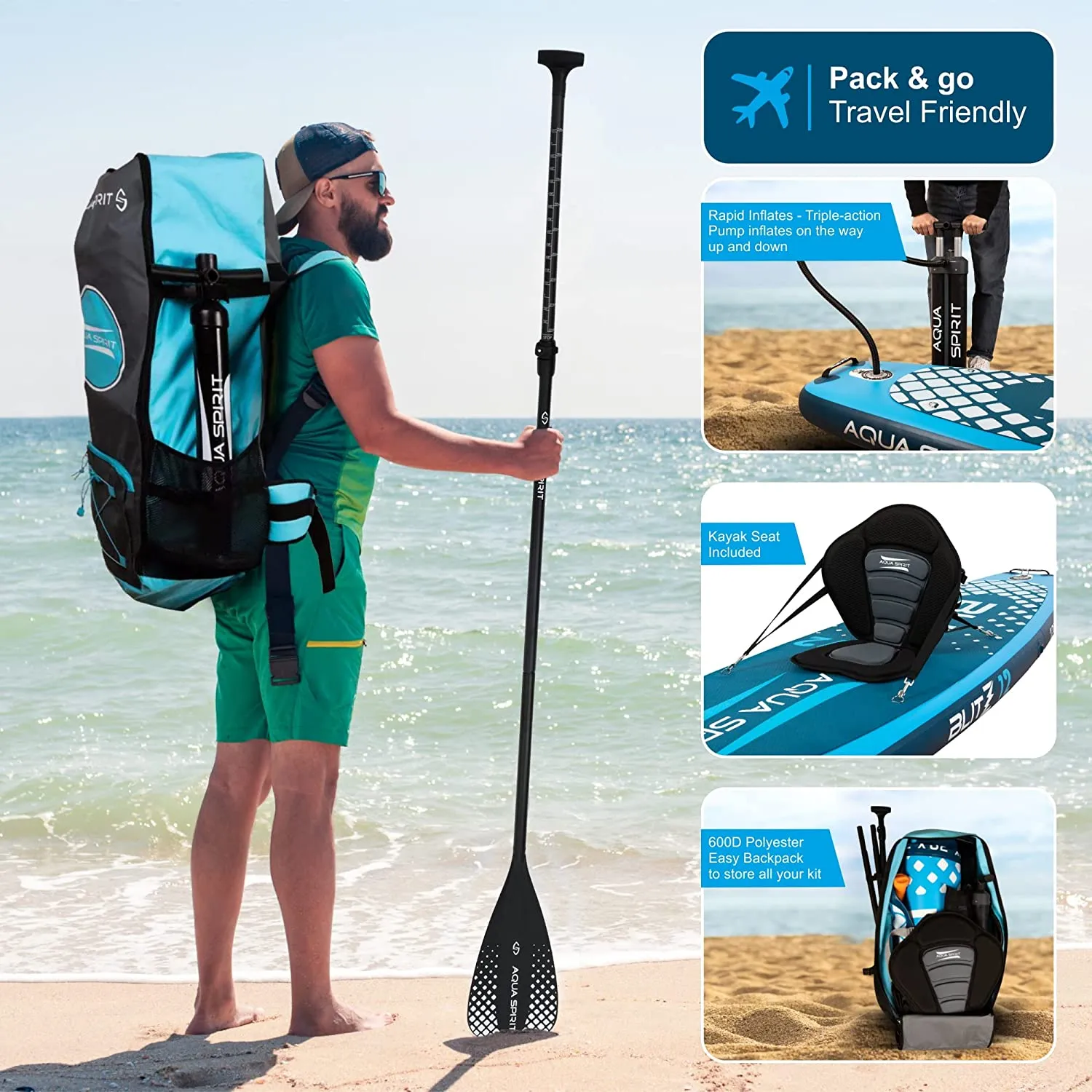 AQUA SPIRIT Blitz 10’8 & 12' PREMIUM iSUP Inflatable Stand up Paddle Board & Kayak with Top Accessories, Made From Premium Material, All Inclusive Package, 2 Years Of Warranty