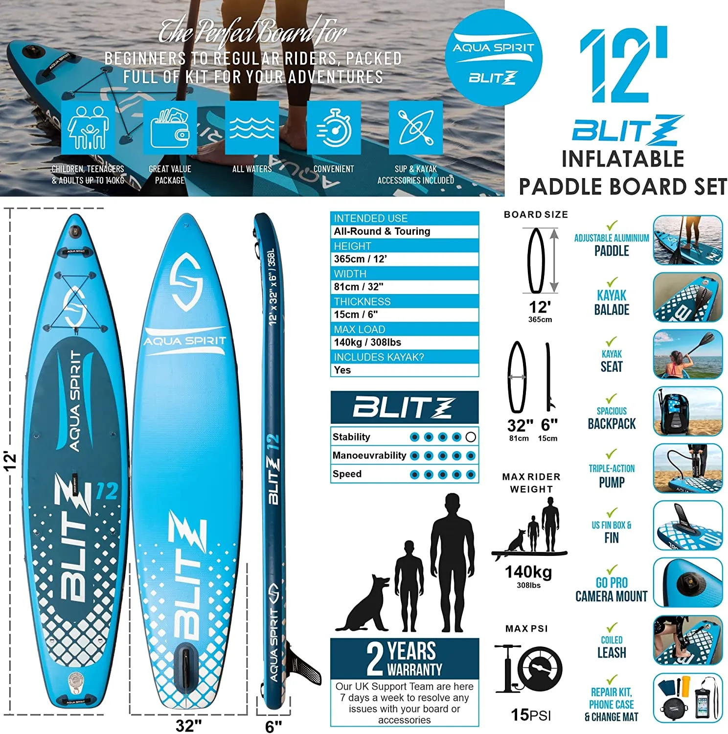 AQUA SPIRIT Blitz 10’8 & 12' PREMIUM iSUP Inflatable Stand up Paddle Board & Kayak with Top Accessories, Made From Premium Material, All Inclusive Package, 2 Years Of Warranty