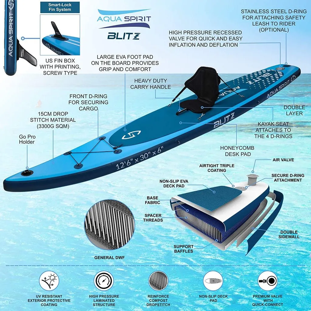 AQUA SPIRIT Blitz 12'6" PREMIUM iSUP Inflatable Stand up Paddle Board & Kayak with Top Accessories, Made From Premium Material, All Inclusive Package, 2 Years Of Warranty