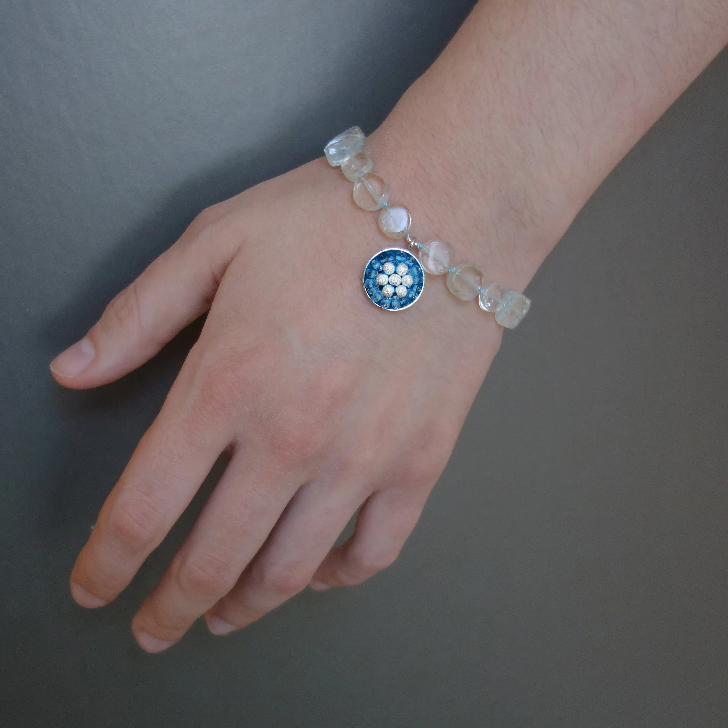 Aquamarine, Crystal Quartz, and silver mosaic bracelet