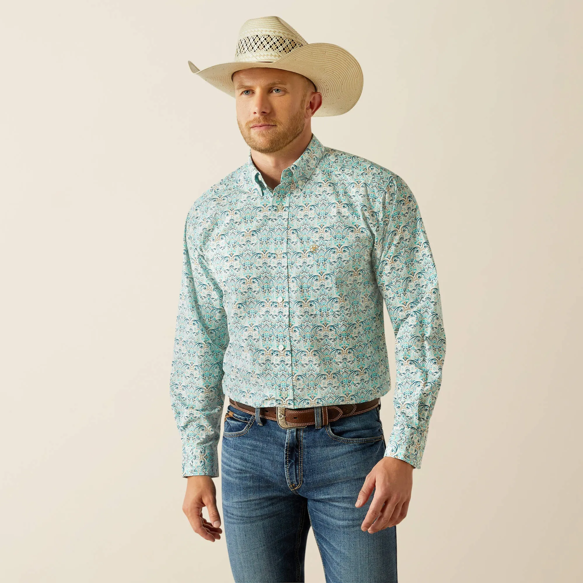 Ariat Jerome Classic Fit Teal Paisley Print Button-Down Shirt for Men